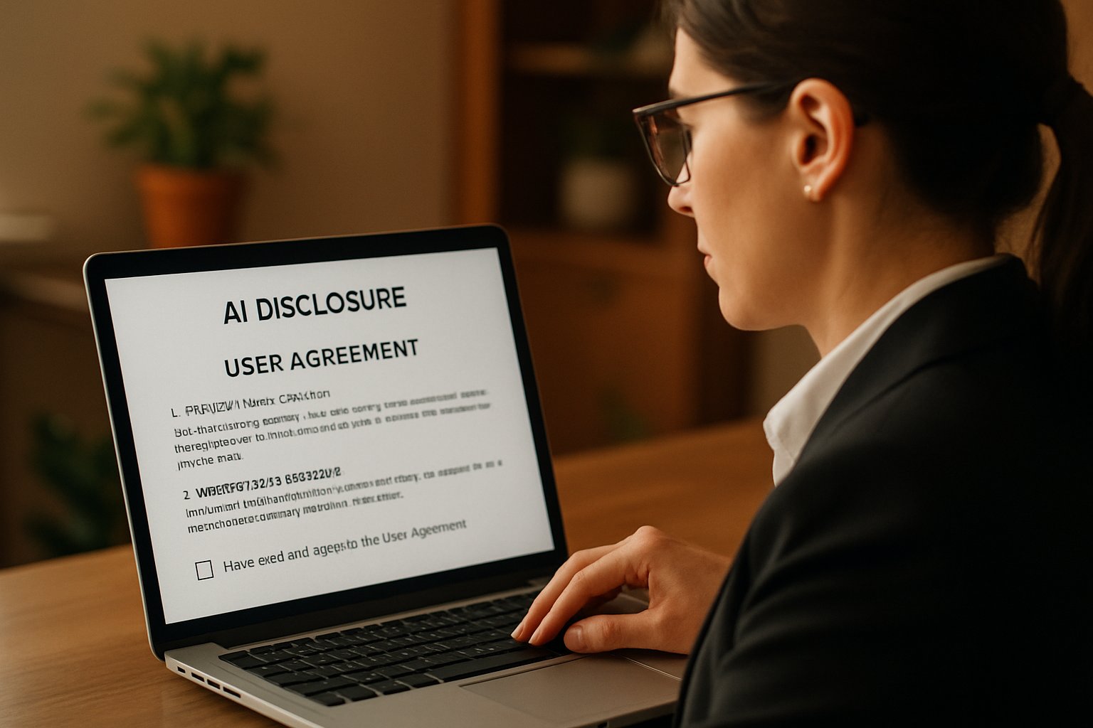 Professional reviews User Accountability Rule AI disclosure on a laptop screen.