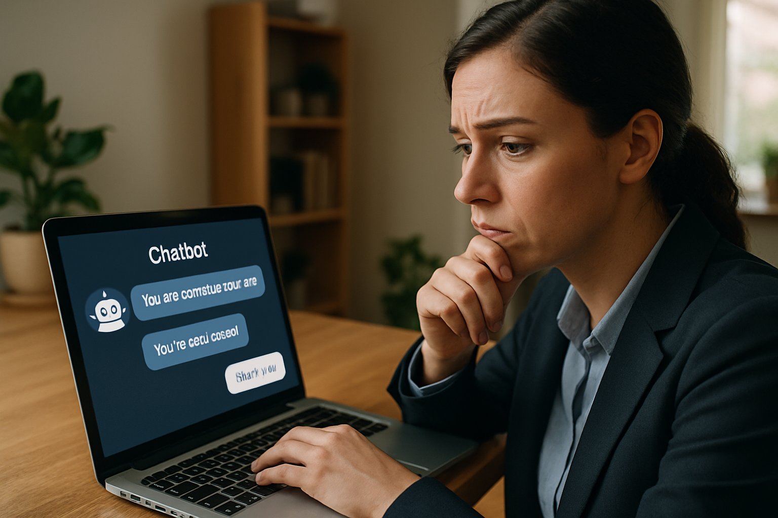 Professional analyzing potential Chatbot Flattery Risk on laptop screen.