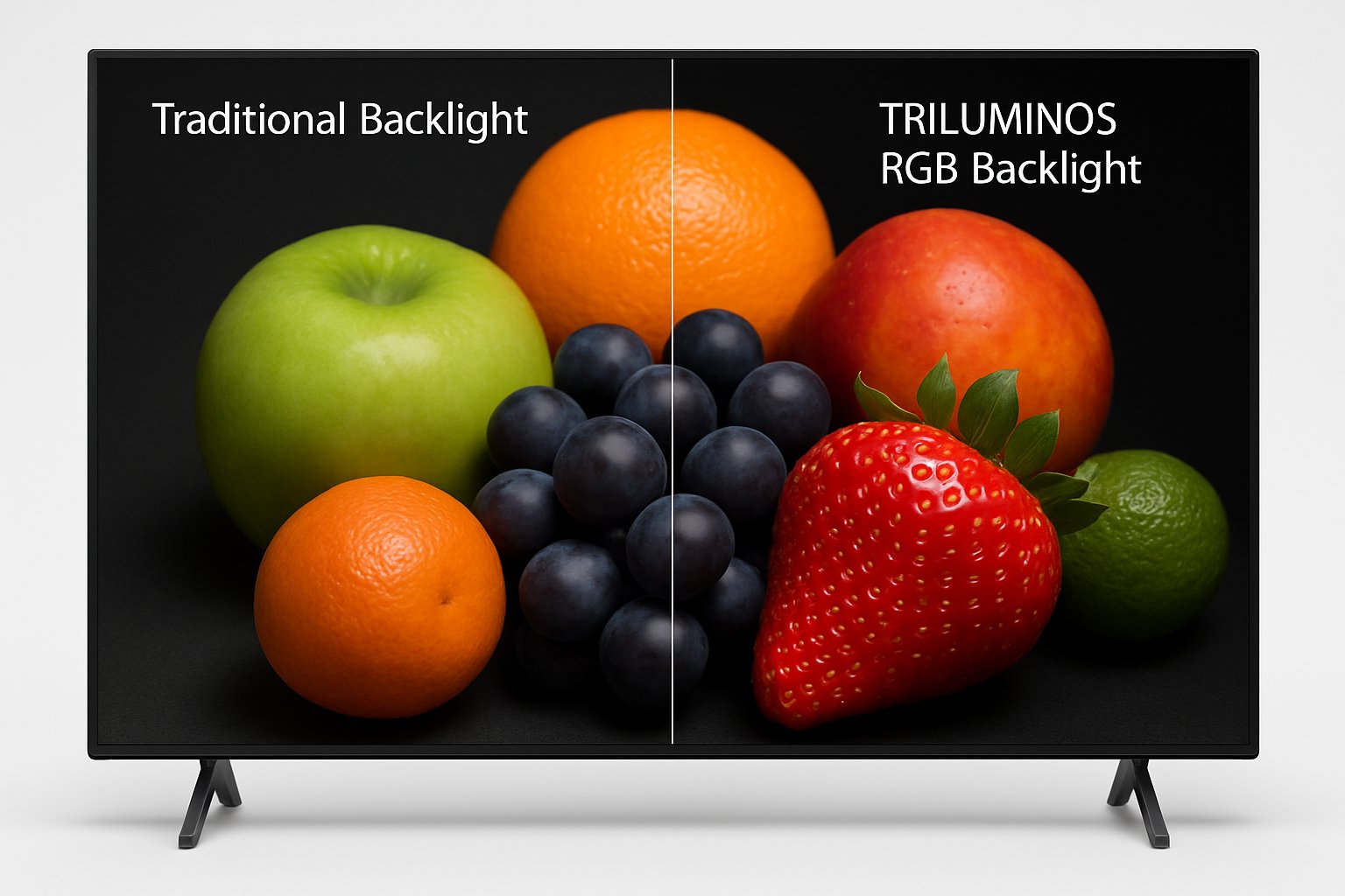 Display Innovation comparison with Sony True RGB and traditional backlight on modern TV screen.