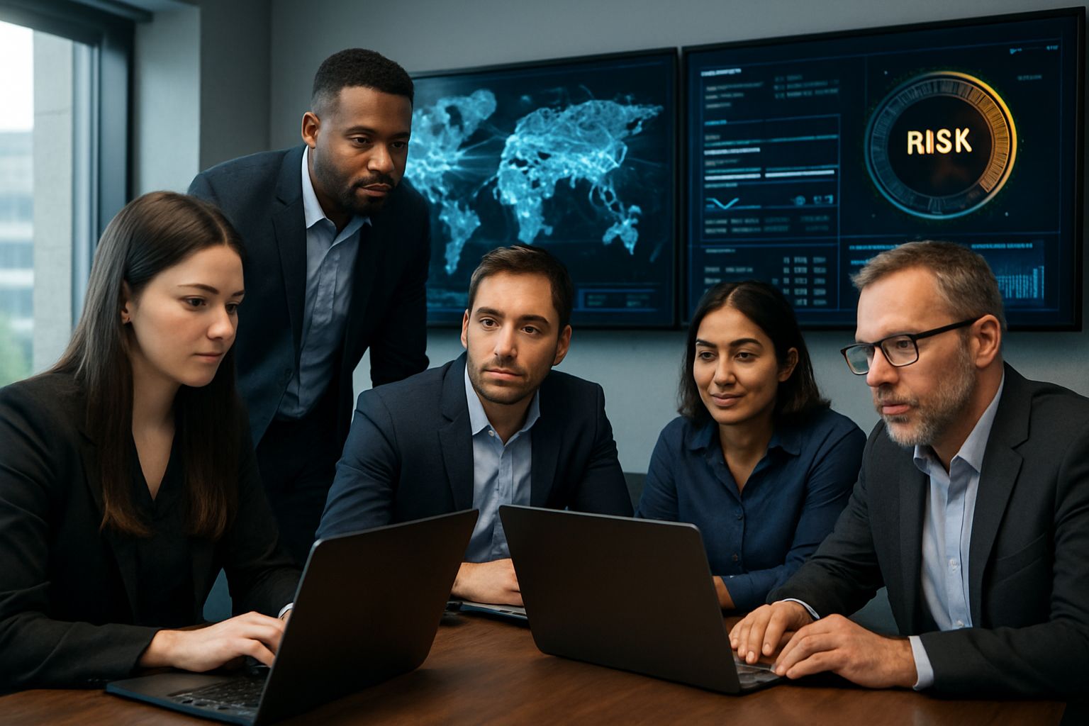 Cyber security experts review Global Agentic Race risk data in an office.