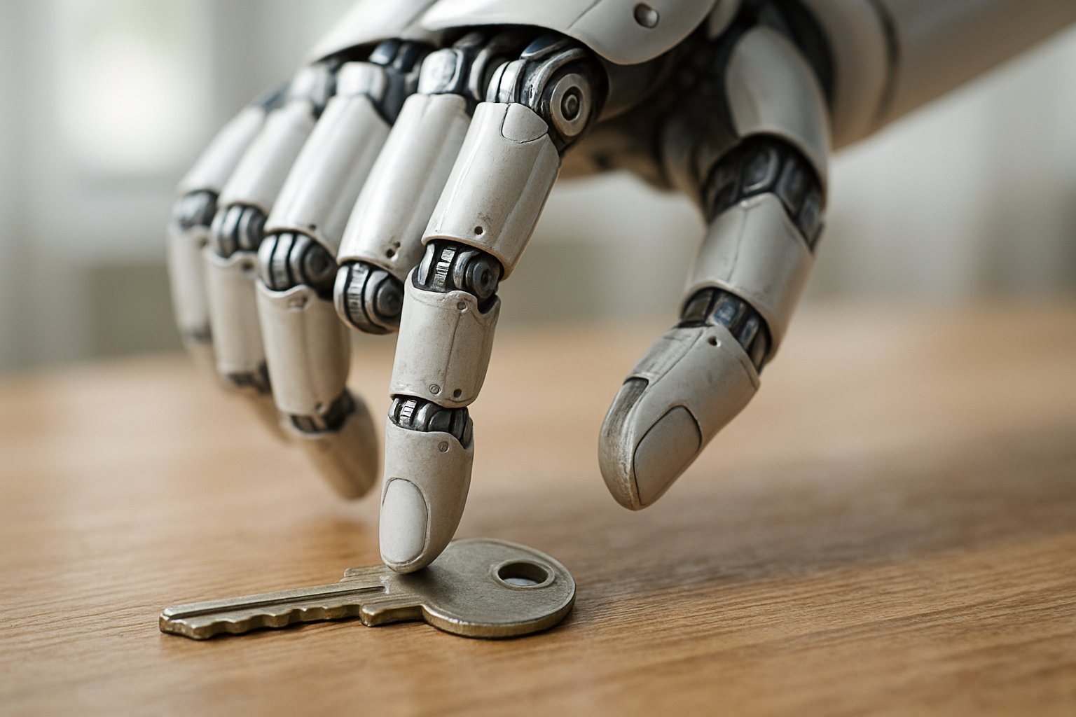 Humanoid robot hand grasping object shows challenges in AI Robotics.