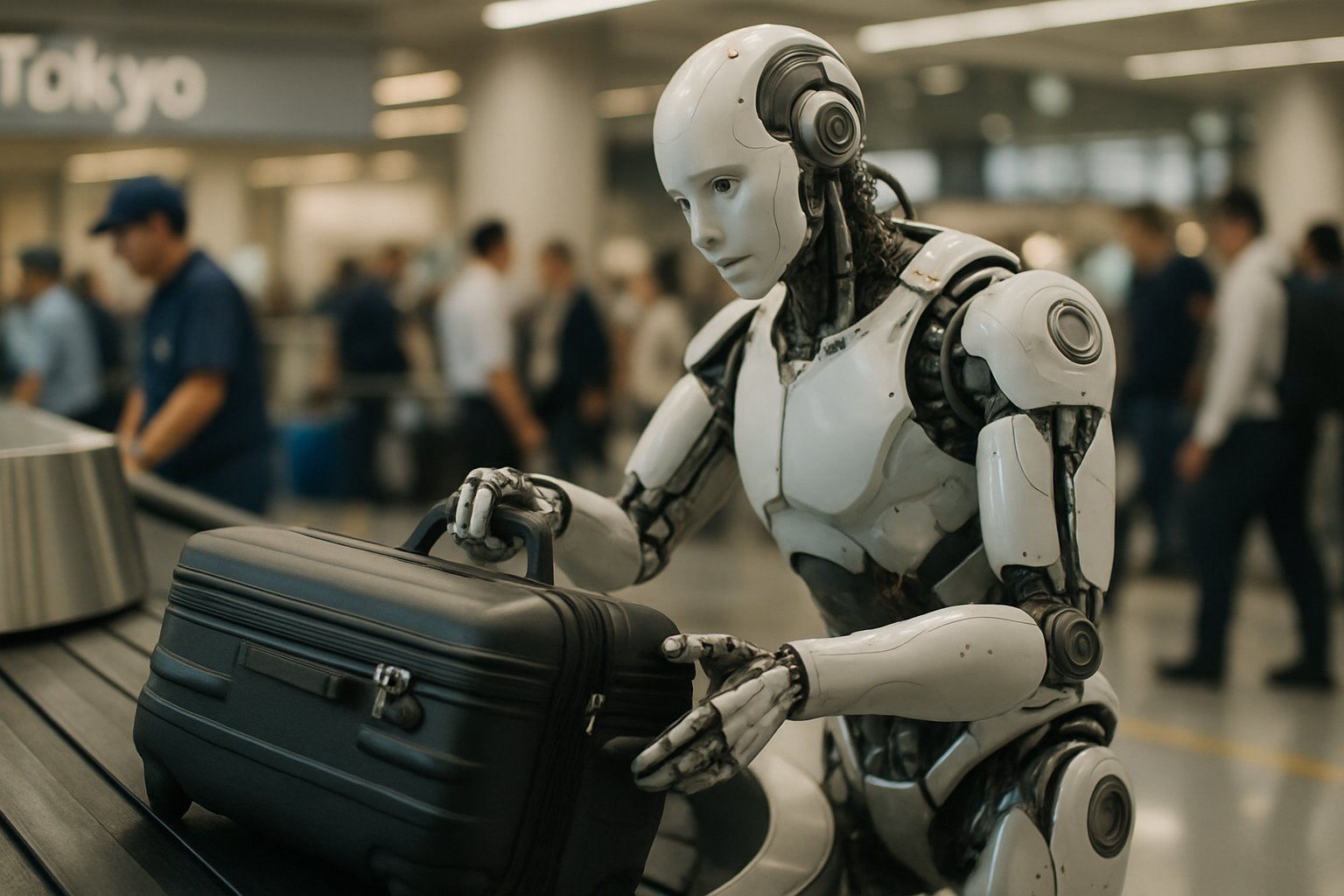 Humanoid Robotics lifting luggage in Tokyo airport for improved baggage handling.
