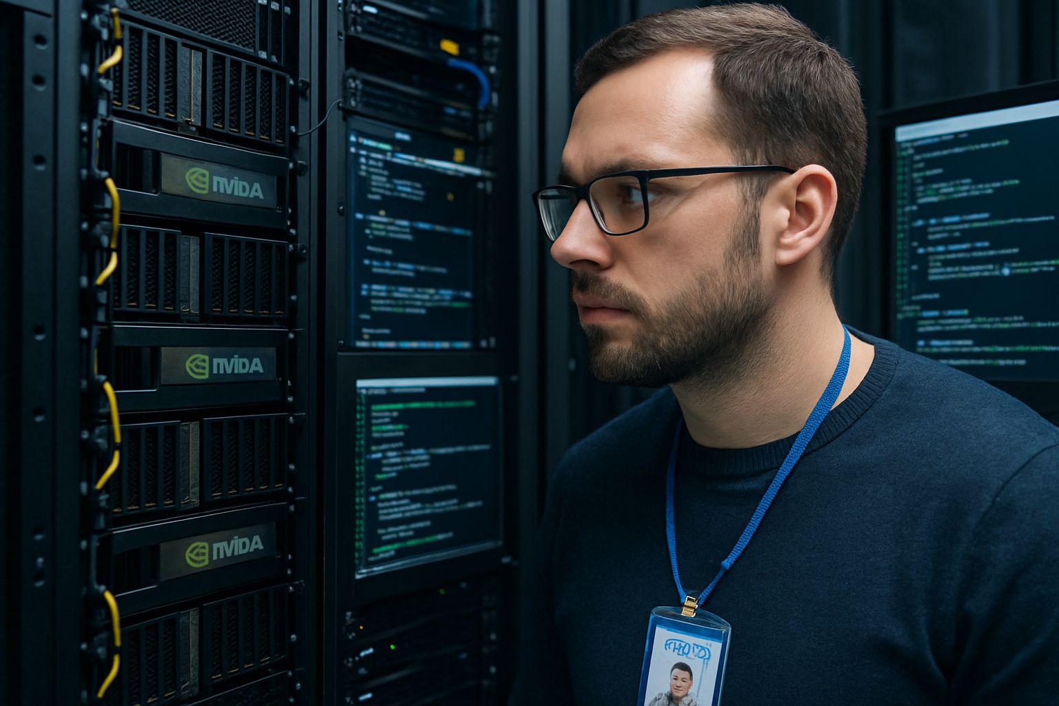 Technician manages Nvidia-enabled Agentic AI Ecosystems server racks in data center.