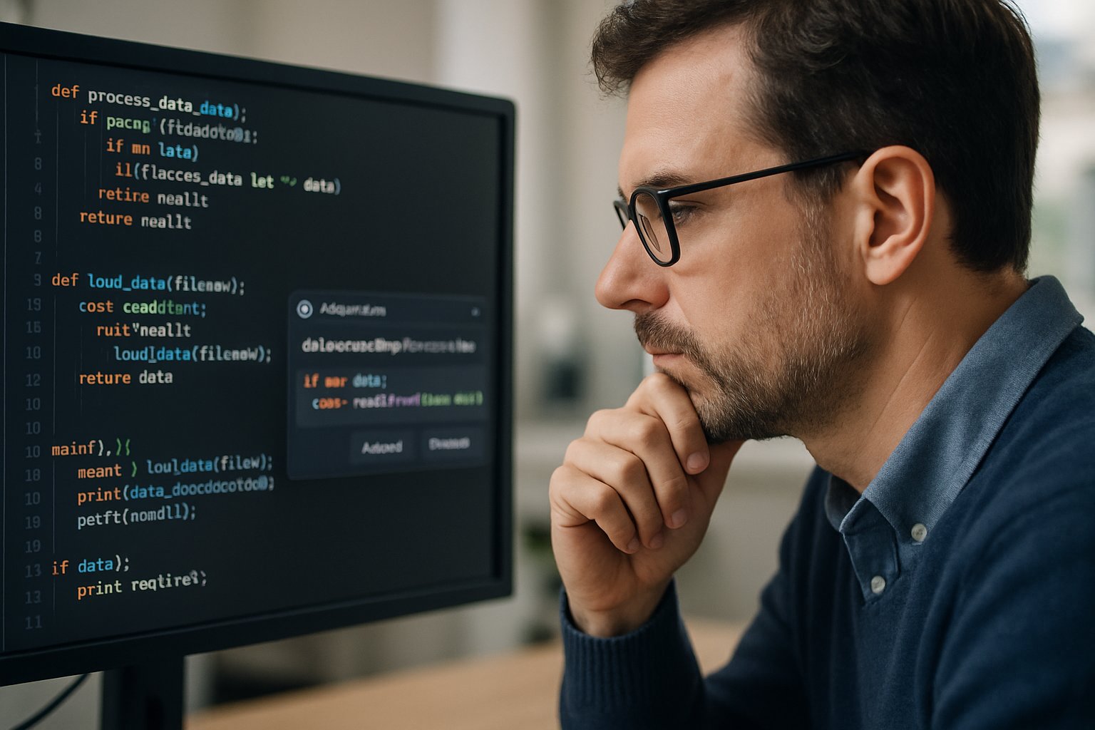 IT professional reviewing code with AI Coding Assistant suggestions