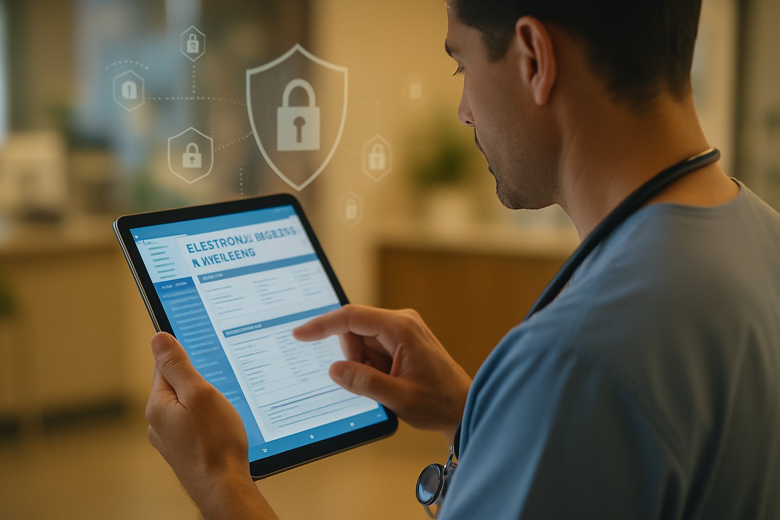 Doctor using secure AI Health Security electronic health record tablet.