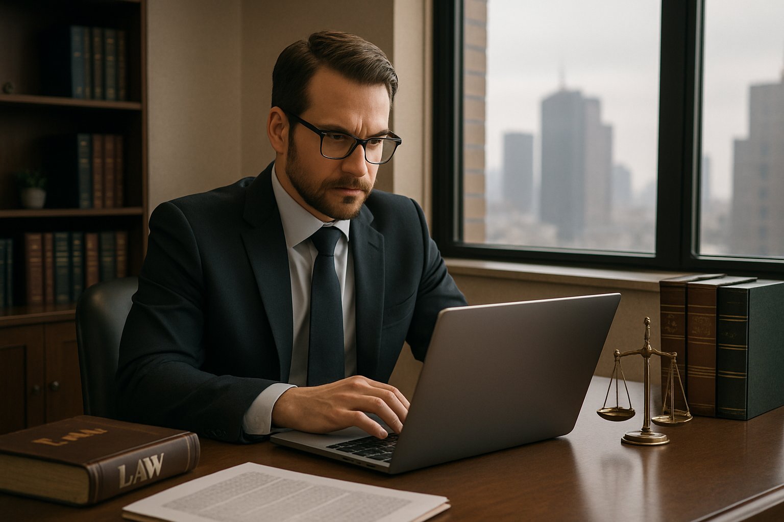 Legal Tech lawyer reviewing confidential documents on a secure digital platform.