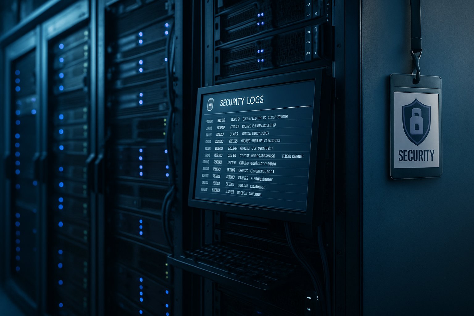 Defensive Cybersecurity measures in secure server room setting.