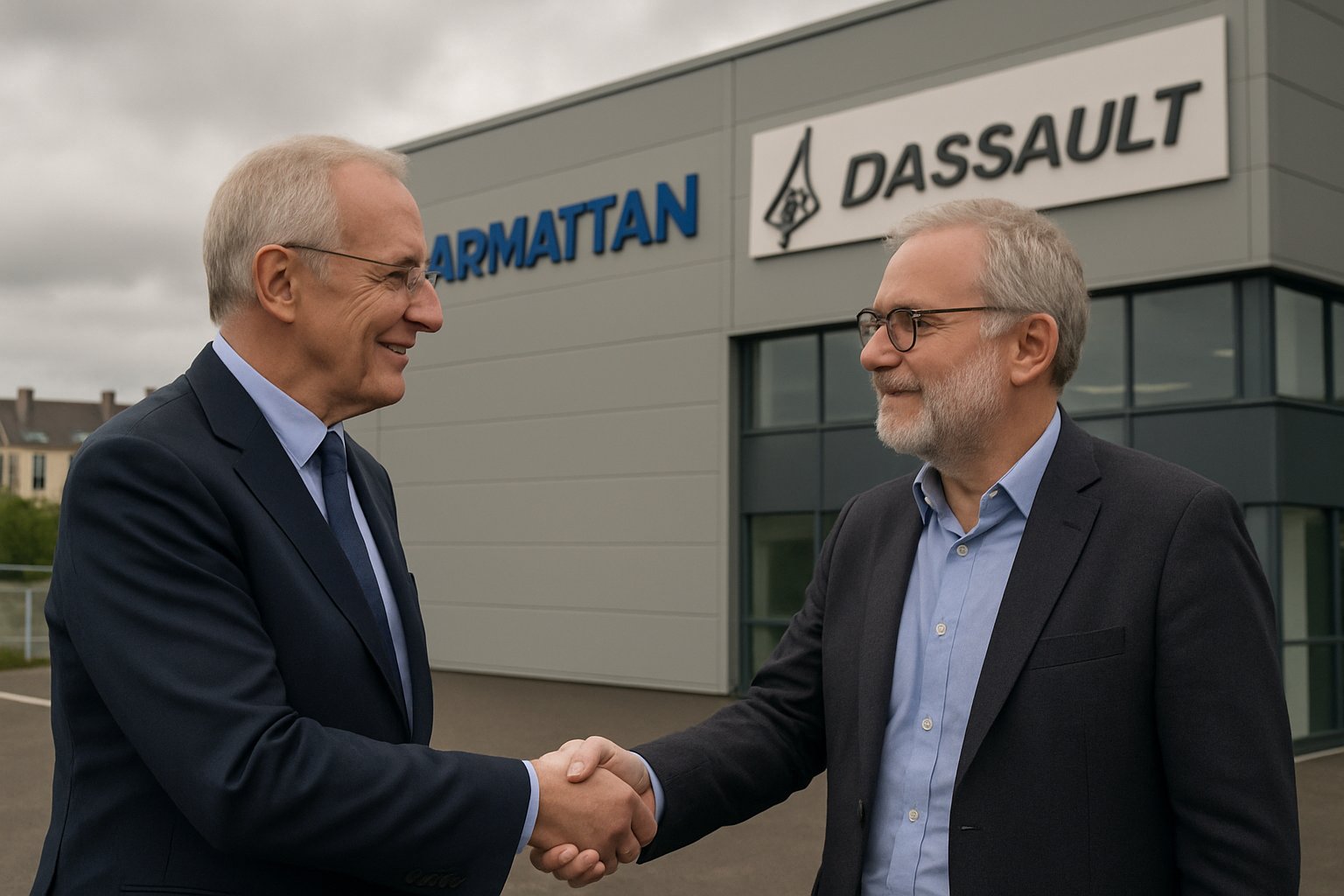 Defense Tech partnership secured with Harmattan and Dassault executives outdoors.