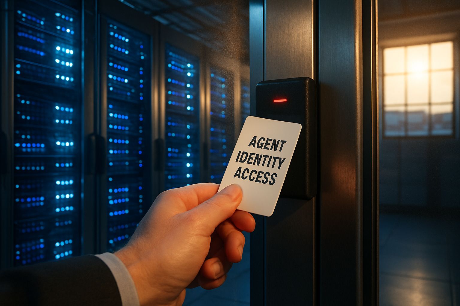 Hand using Agent Identity Access badge in secure server room.
