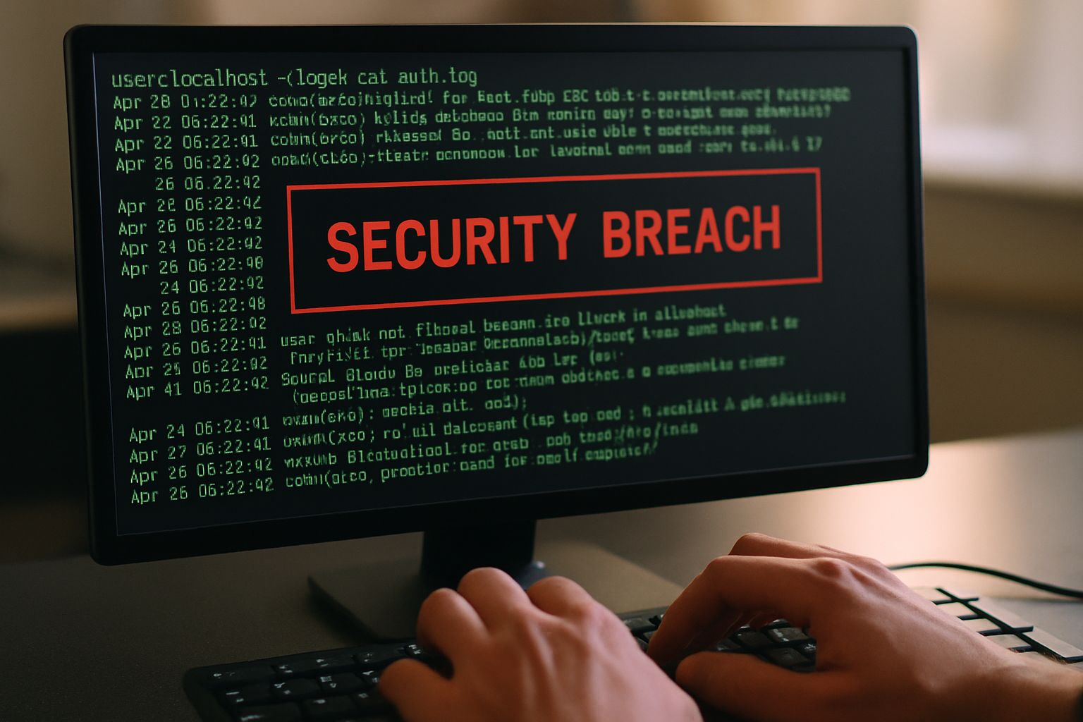Computer displaying security vulnerability notification with urgent atmosphere.