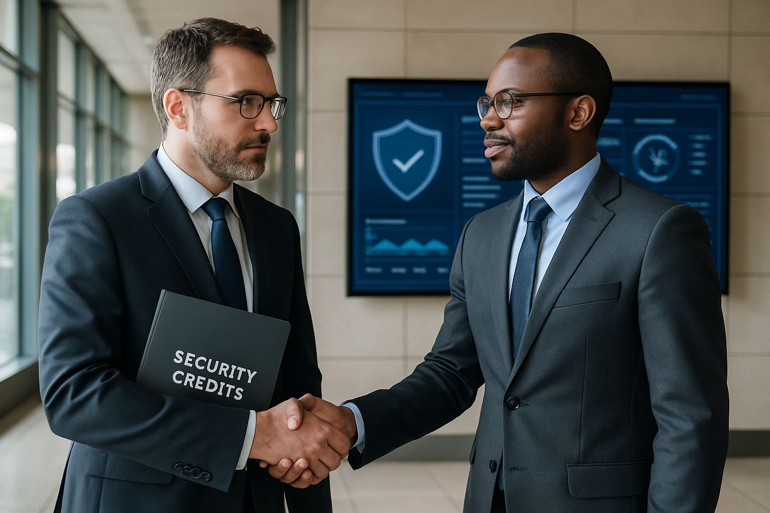 Security Credits handshake between executives with security dashboard display