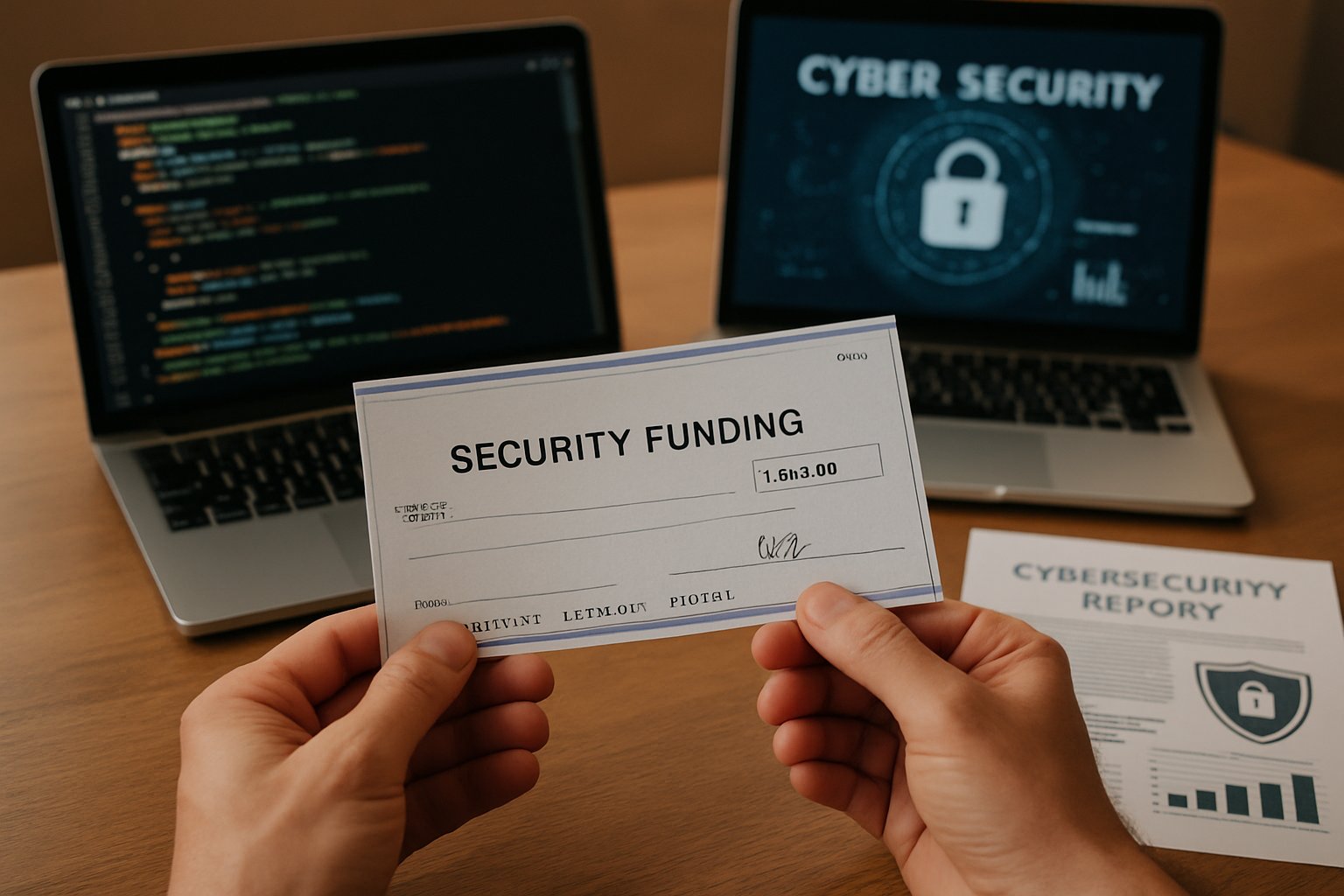Hands holding Security Funding check over laptops and code reports.