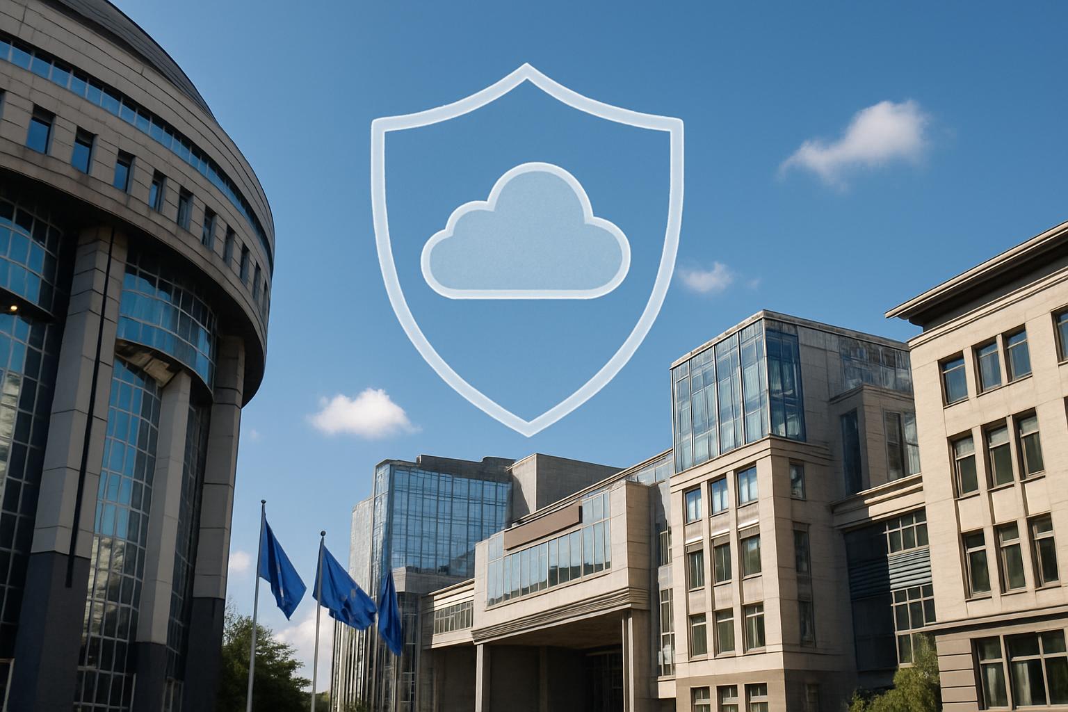 National Security Shield concept overlaid on European city government buildings.