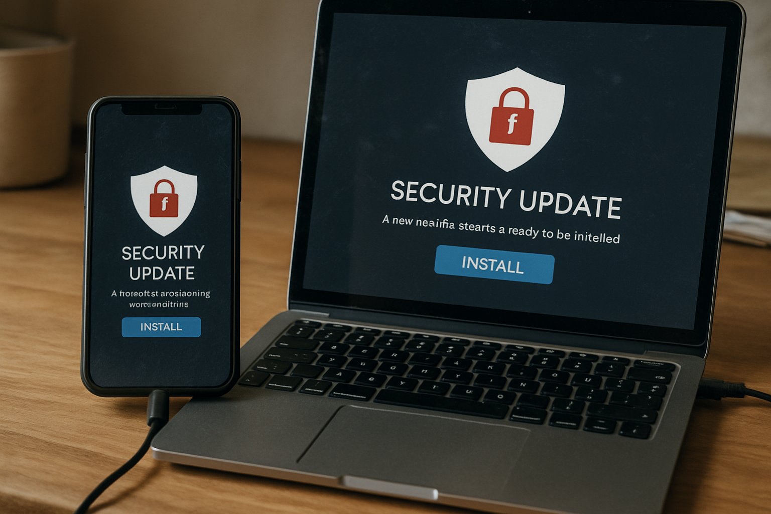 Smartphone and laptop showing Device Hardening security updates.