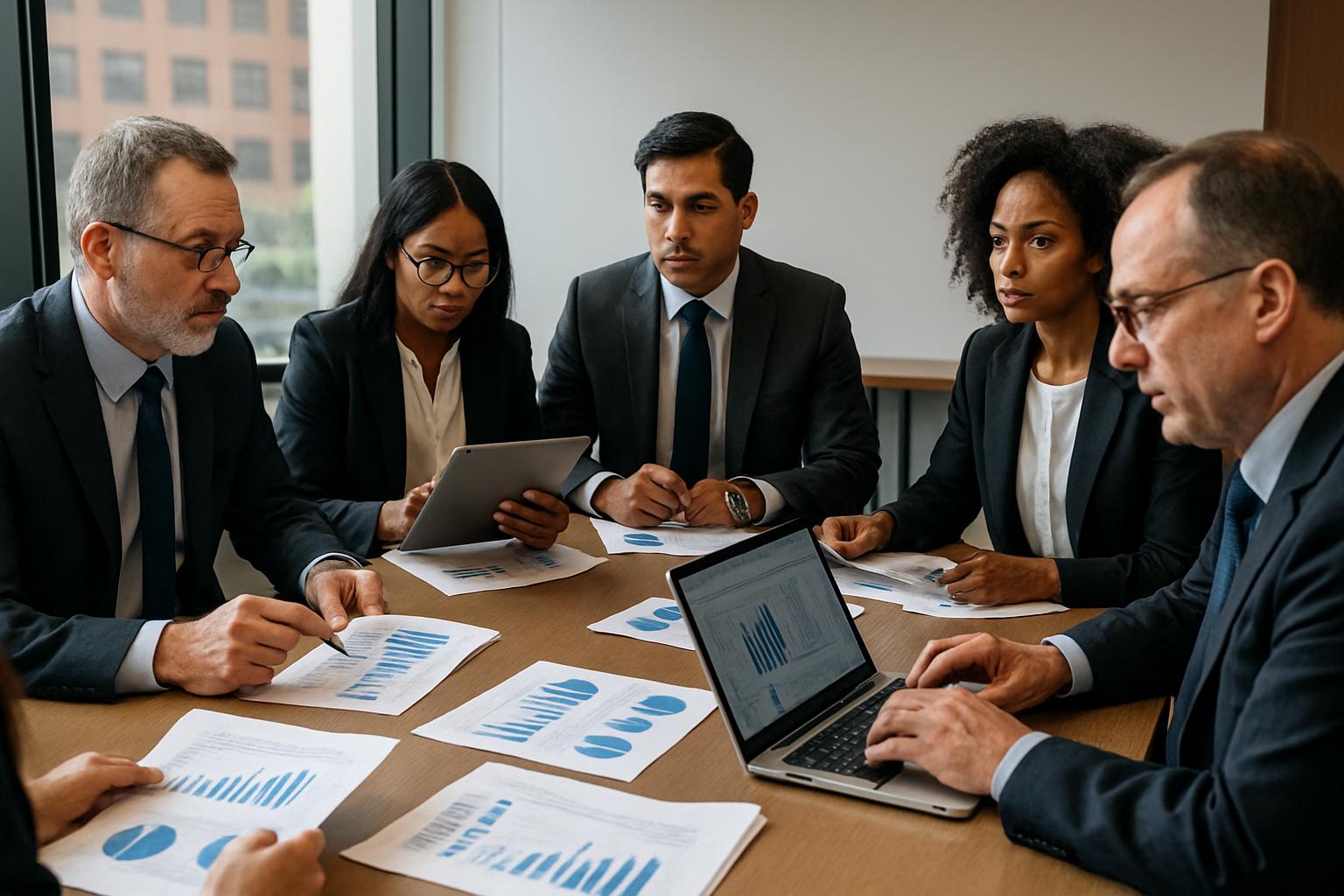 Finance professionals discussing Infrastructure Finance opportunities and risks in a boardroom.