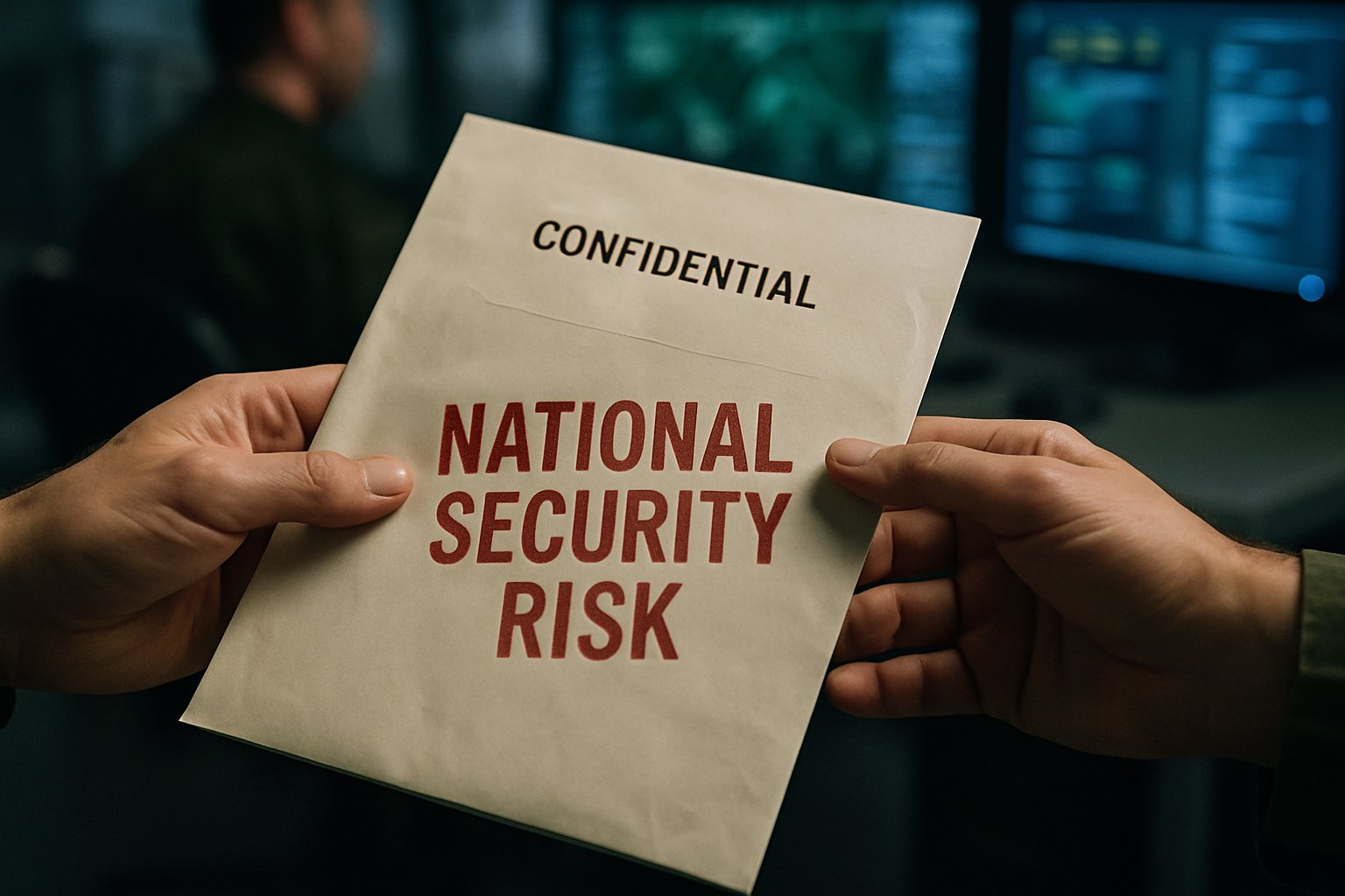 Confidential document labeled National Security Risk exchanged in a military command center.
