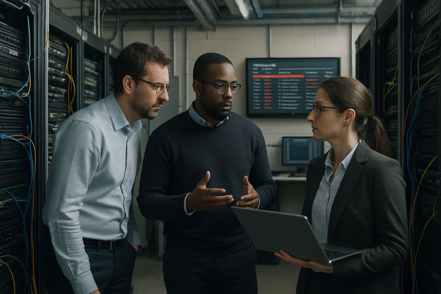 IT engineers managing server room for AI Infrastructure Reliability during outages.