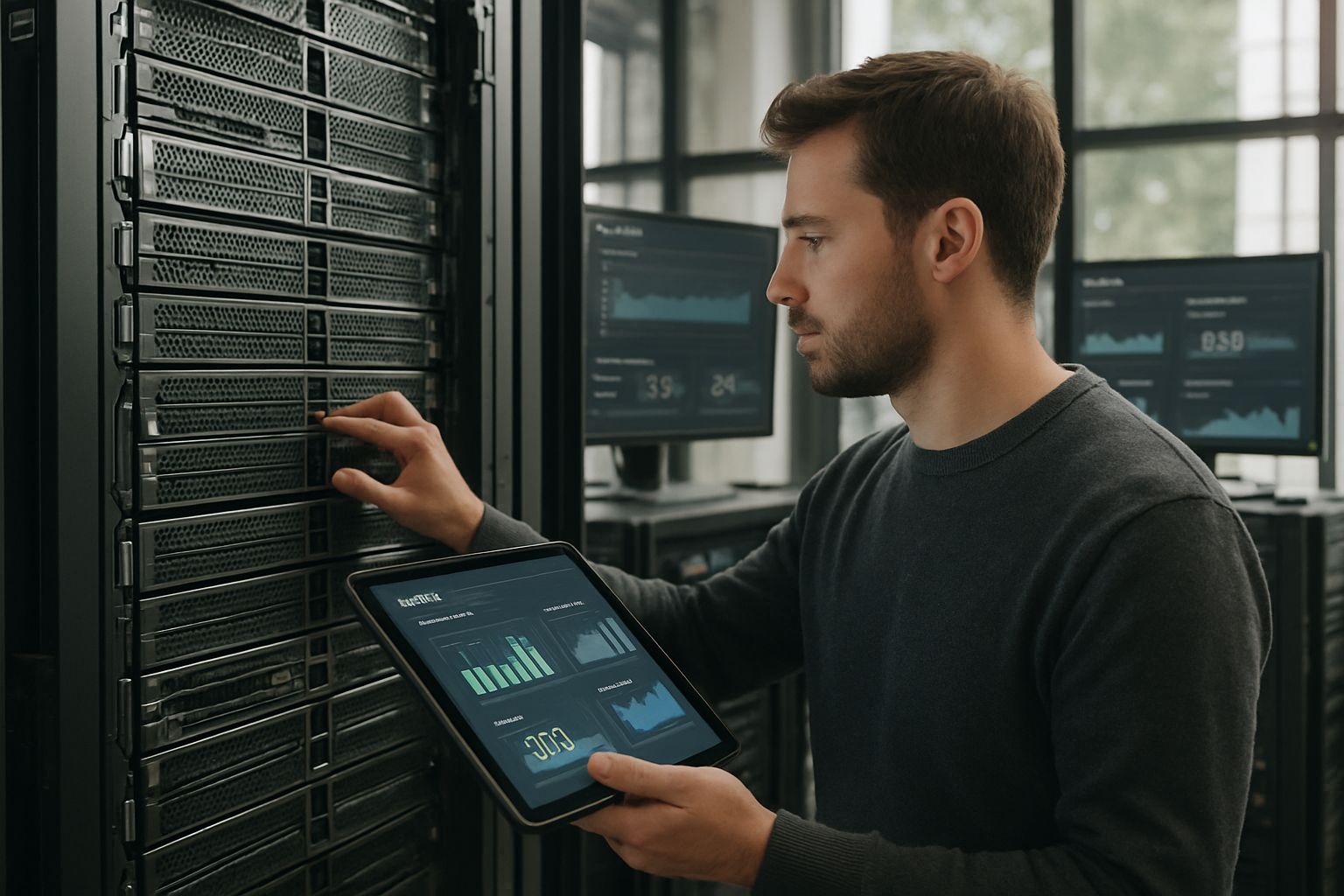 Technician reviews server memory optimization with live data and KV Cache metrics.