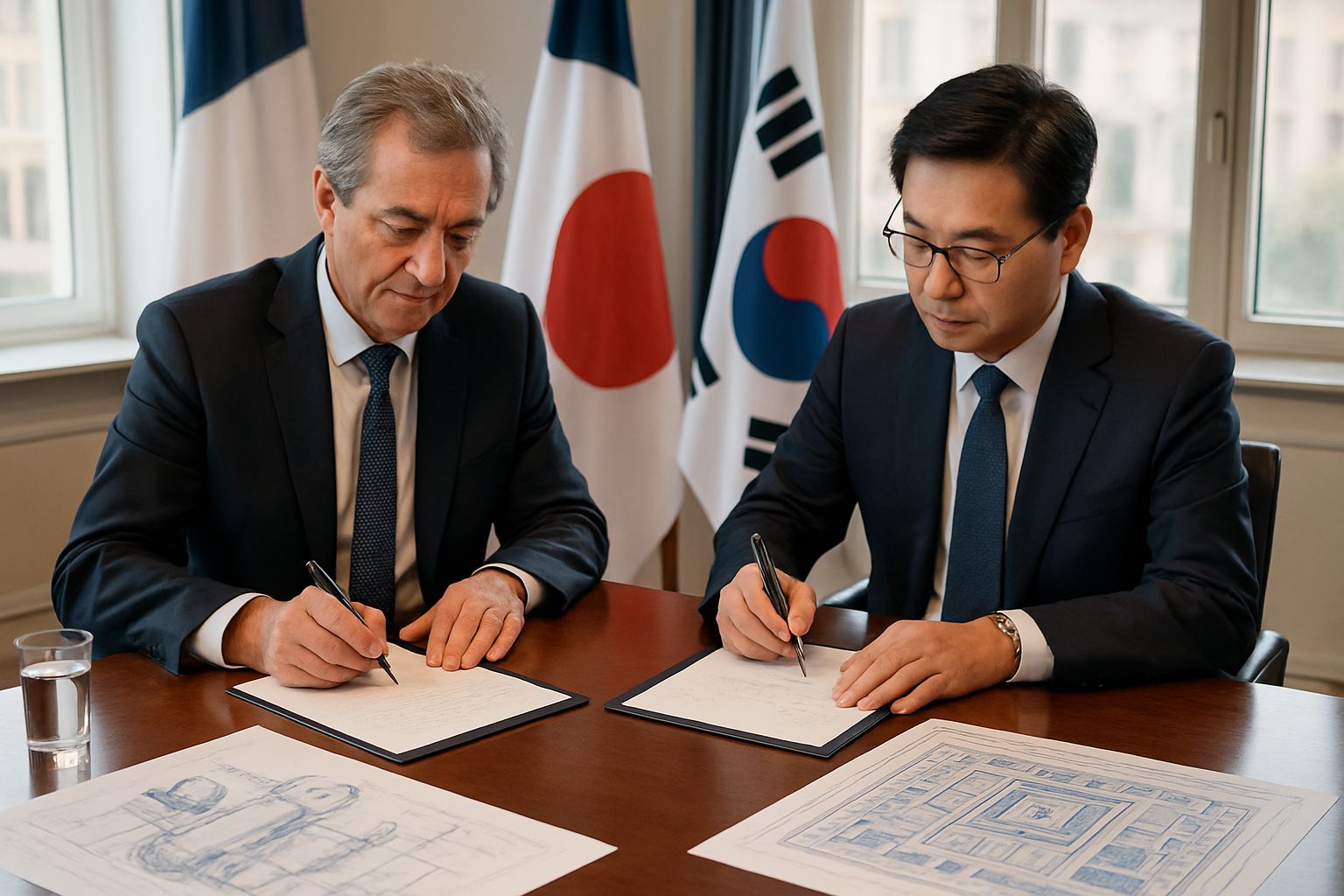Leaders sign Nuclear AI Synergy pact with SMR and AI blueprints visible