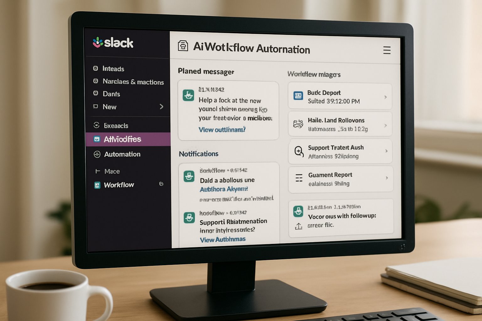 Slack dashboard showing AI Workflow Automation features on an office monitor.