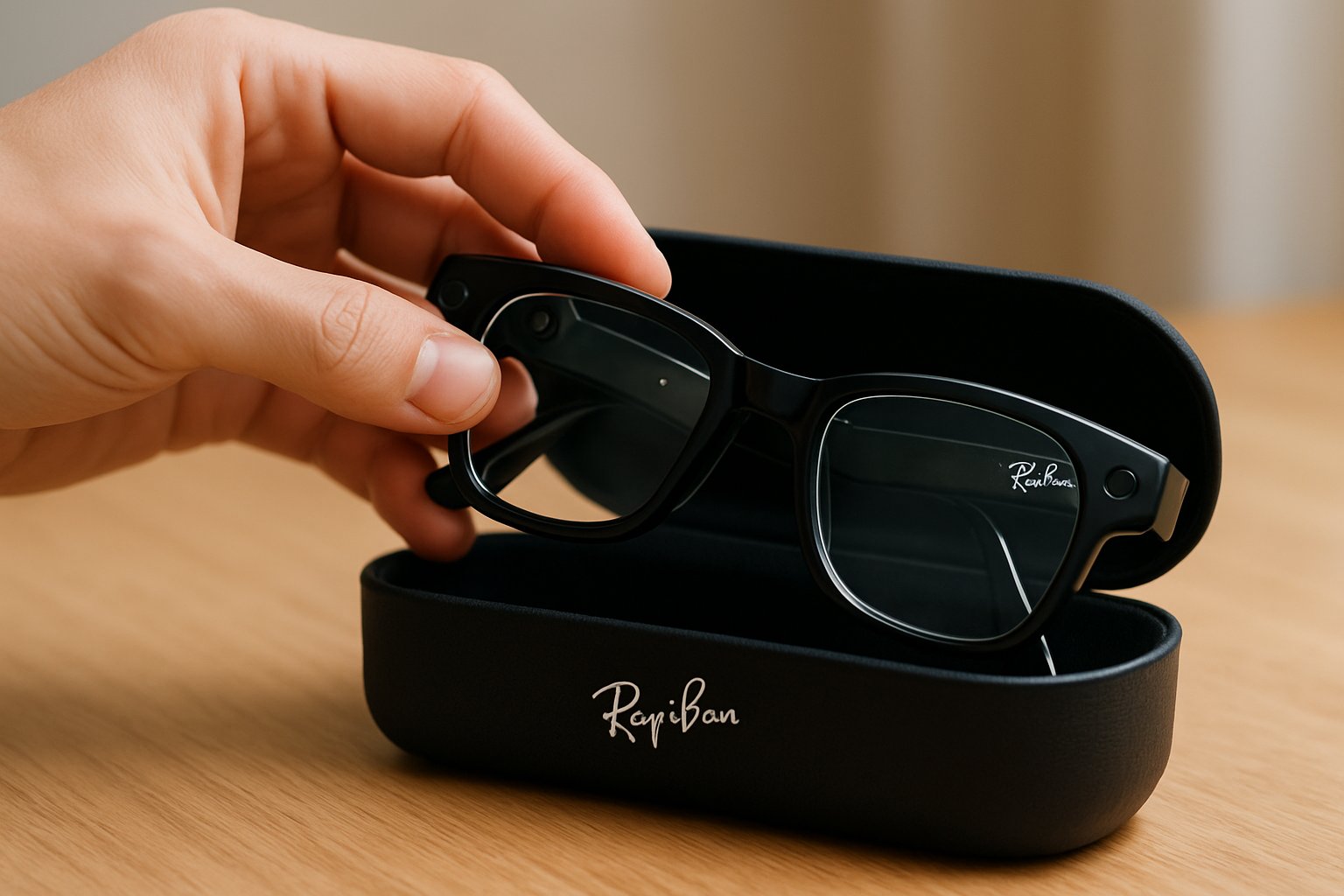 Ray-Ban AI Glasses with prescription lenses being placed in branded case.