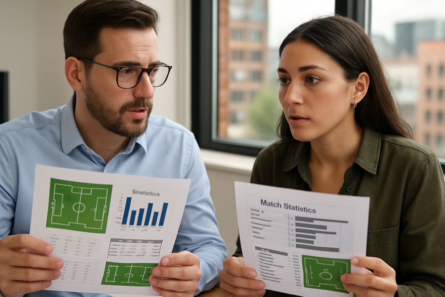 Sports Analytics professionals discuss soccer match statistics in natural meeting room setting
