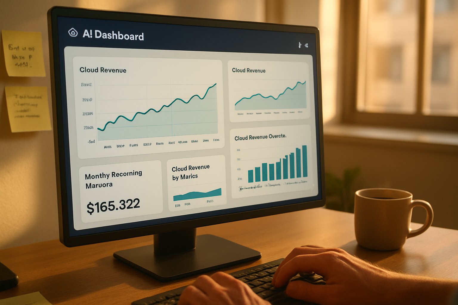 AI Enterprise Software dashboard visualizes cloud revenue on office computer screen.