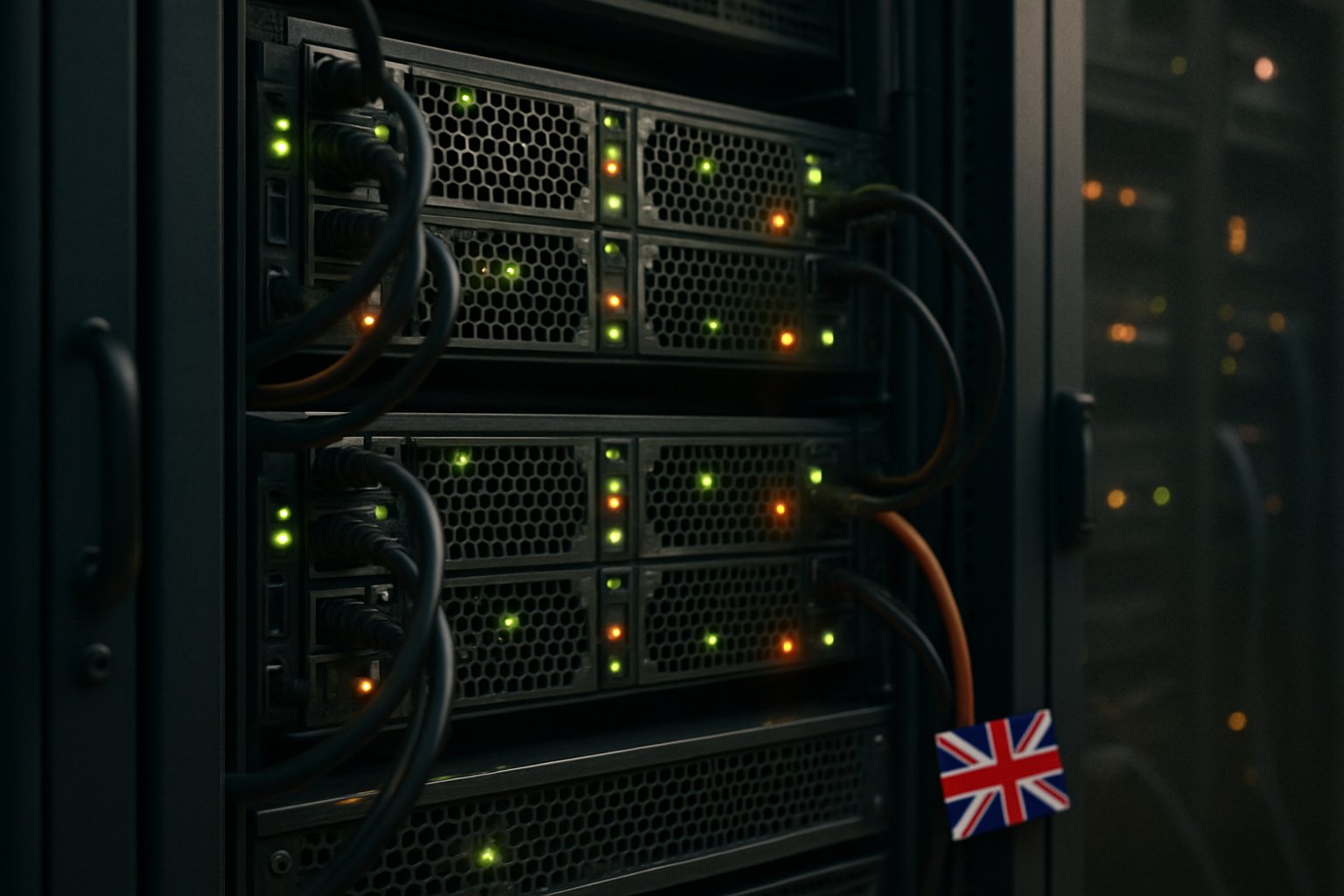 Sovereign AI infrastructure with advanced UK data center servers and British flag.