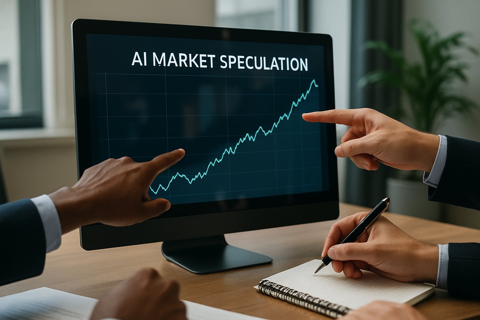 AI Market Speculation growth chart on computer in a realistic office setting.