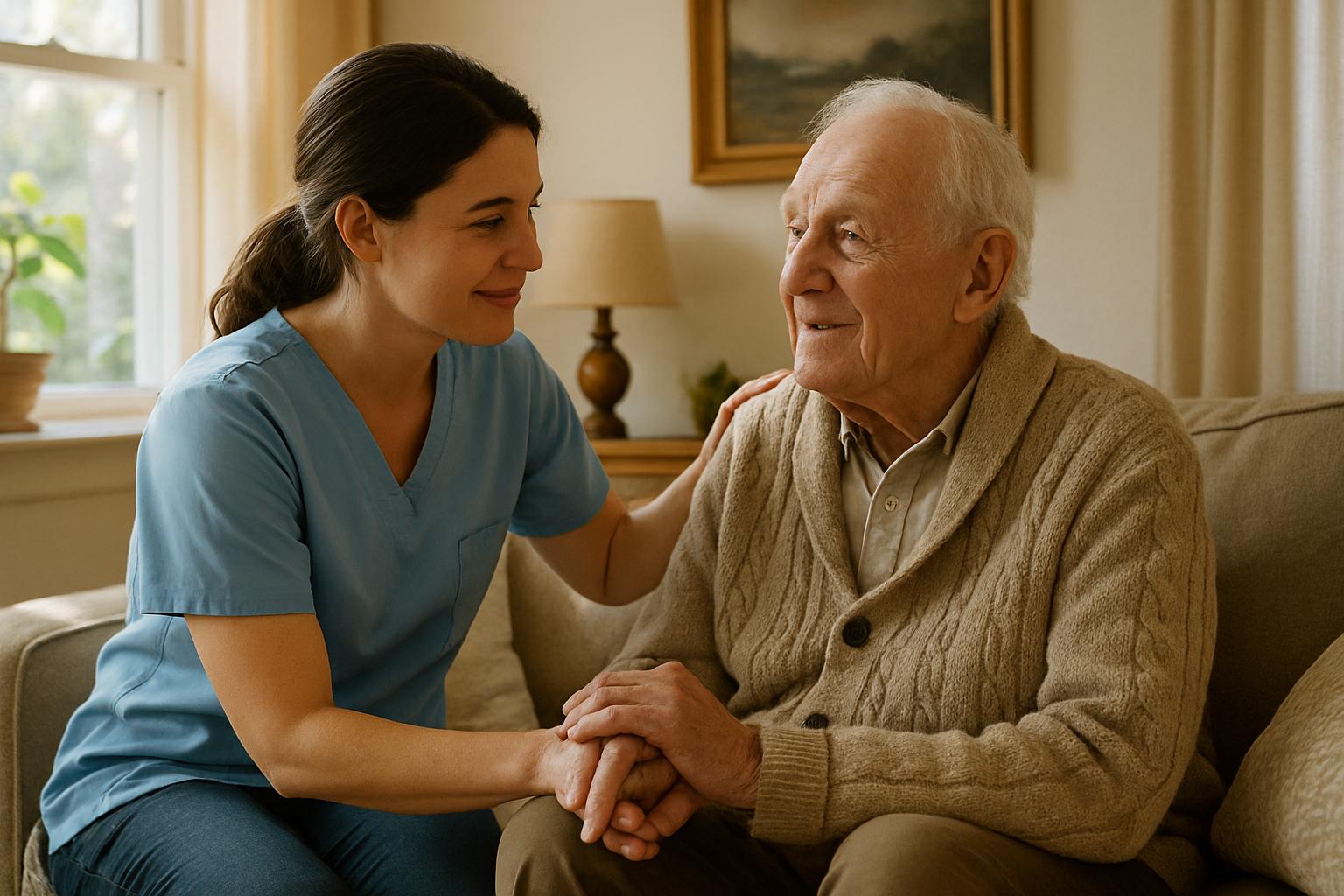 Employment Stability Forecast shows home health aide supporting elderly in realistic setting.