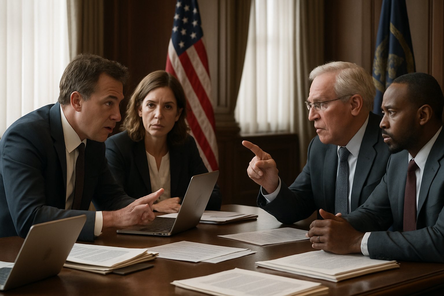 Federal AI Overrule illustrated by state and federal officials debating governance