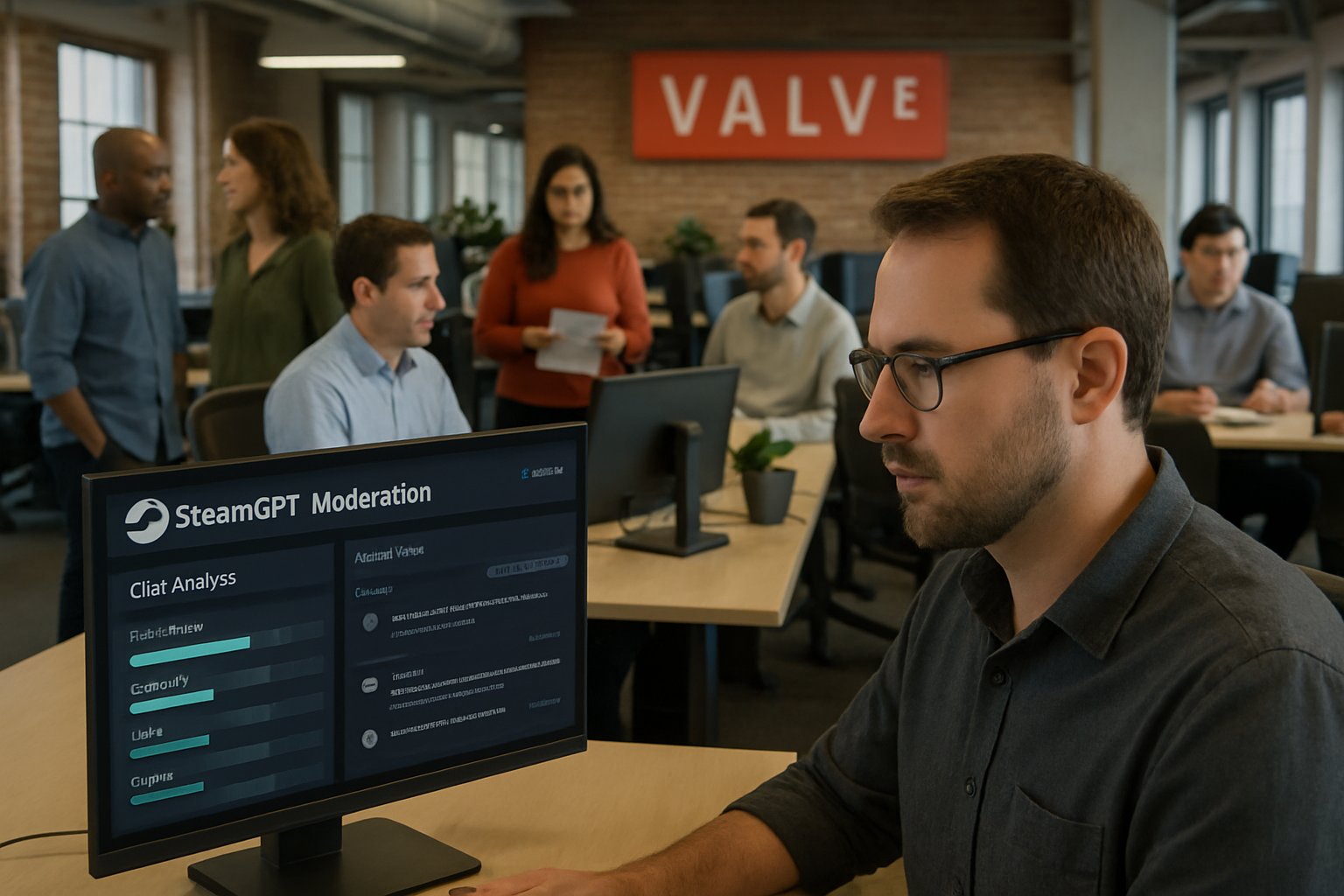 Valve AI SteamGPT moderation dashboard viewed by employee in office setting