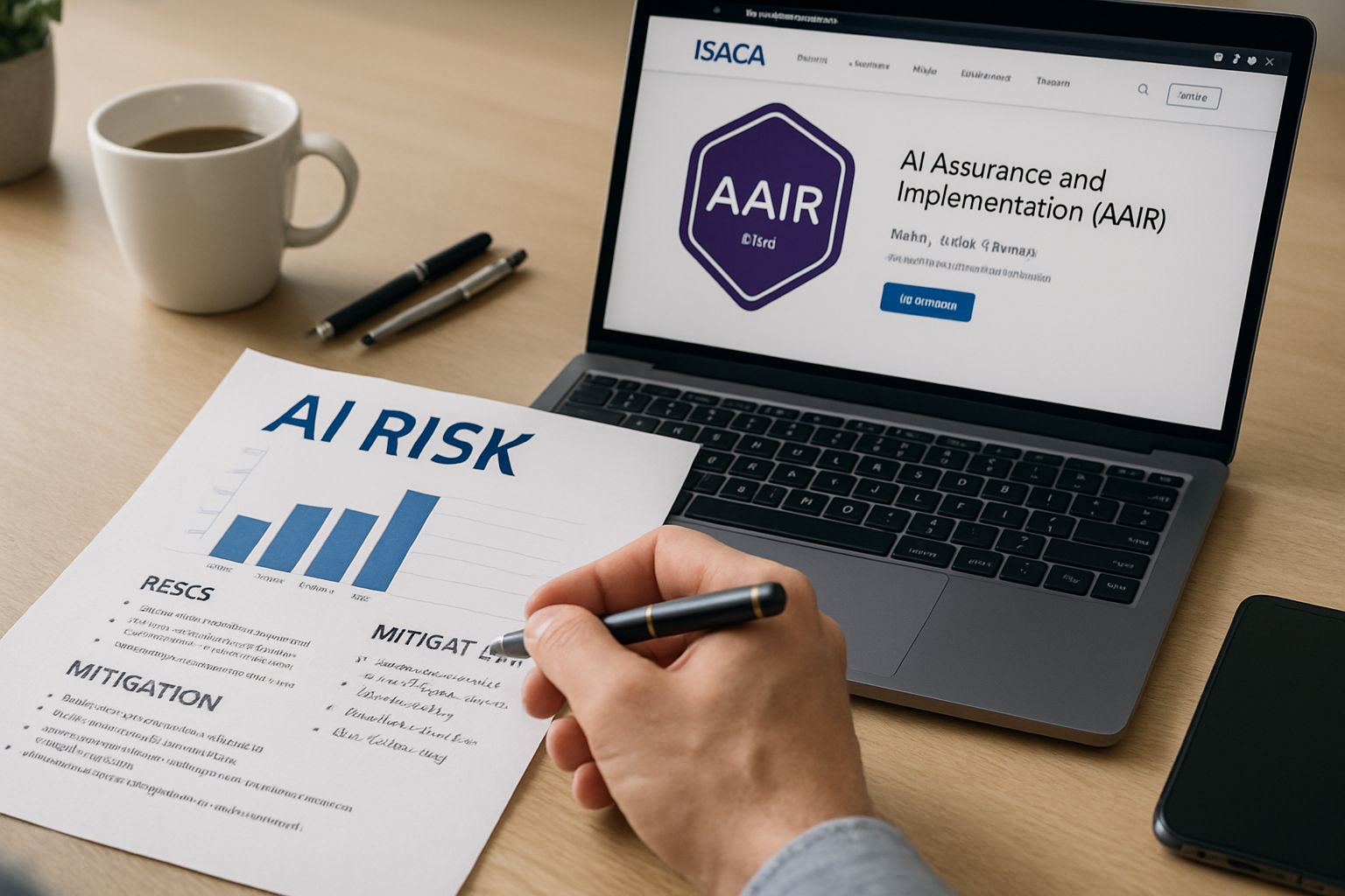 Professional studying AI Risk concepts from ISACA AAIR credential materials