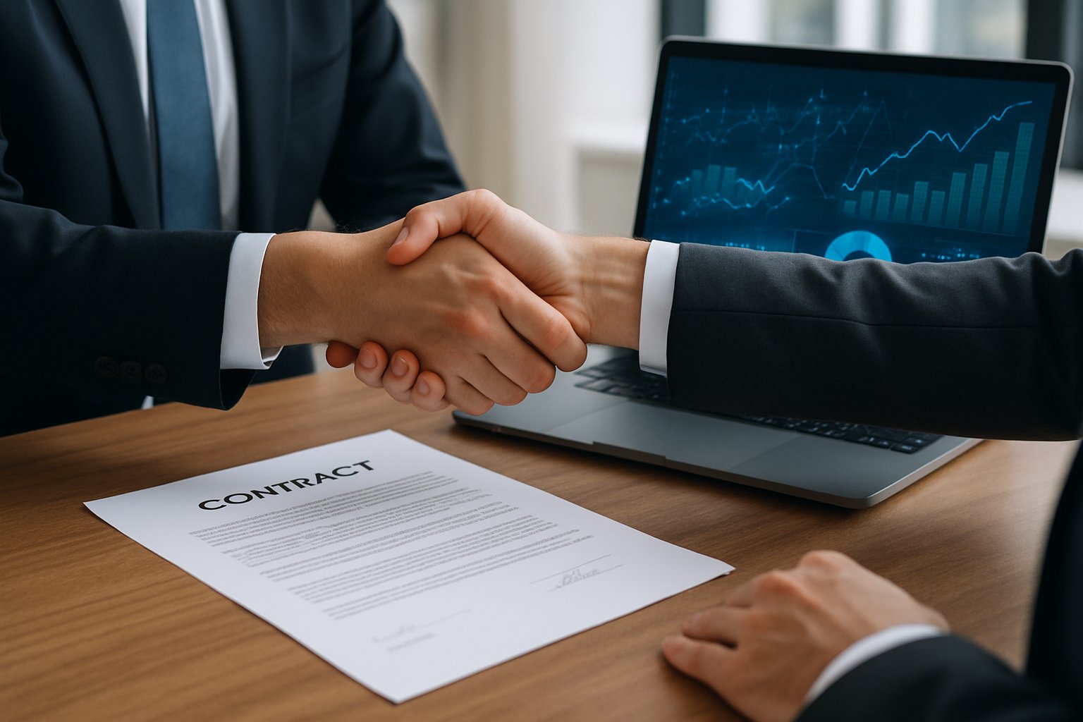 Corporate M&A handshake signifies successful acquisition and AI integration planning.