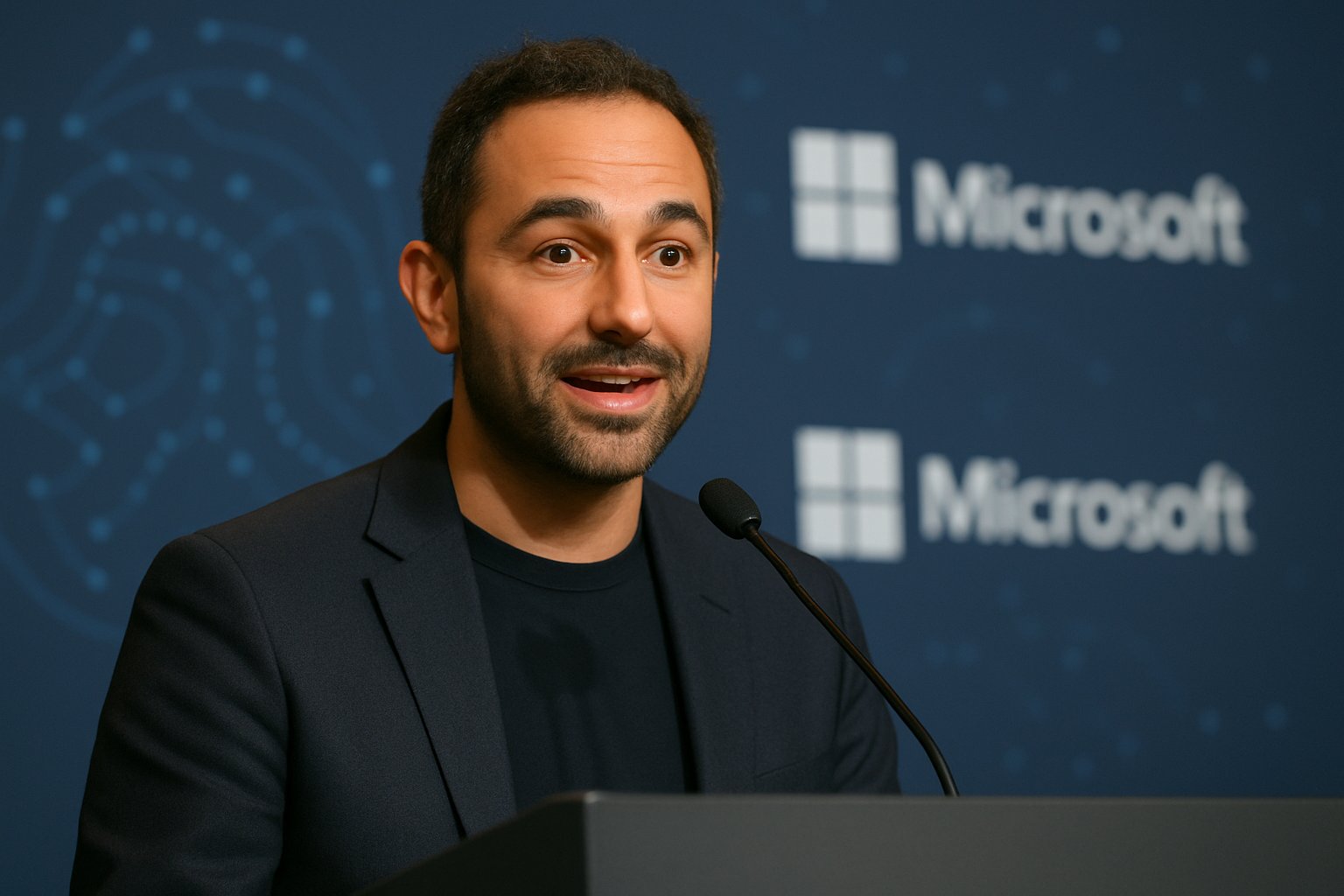 Mustafa Suleyman presenting Microsoft’s AI Self-Sufficiency vision at a tech conference.