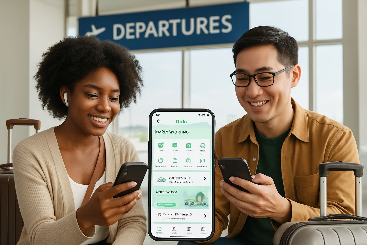 Travelers using Superapp AI travel features on Grab at airport