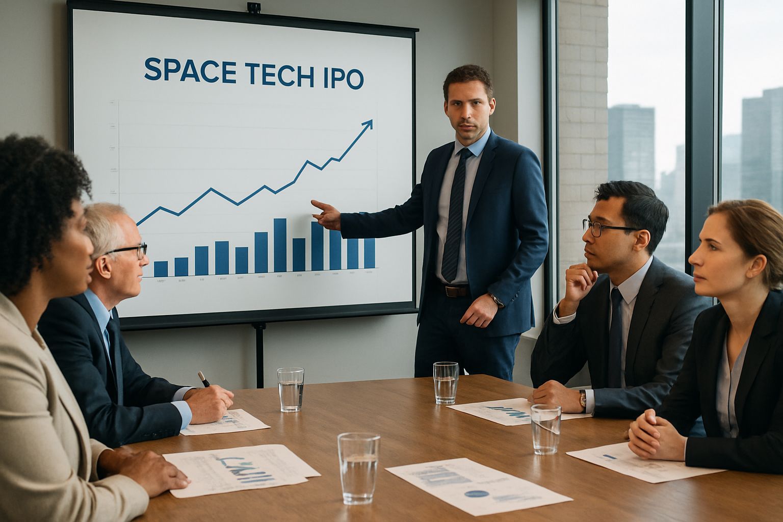Finance team discussing Space Tech IPO in modern boardroom setting.
