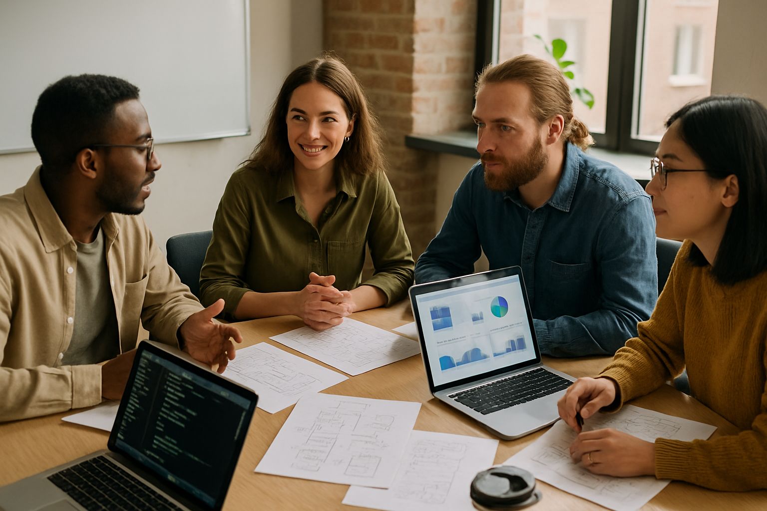 Team strategizing with Developer Tools on laptops and dashboards visible.