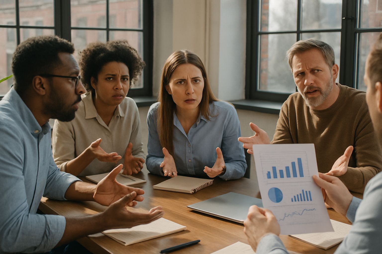 Psychological Influence Risk shown through group analyzing persuasive AI data in a conference room.