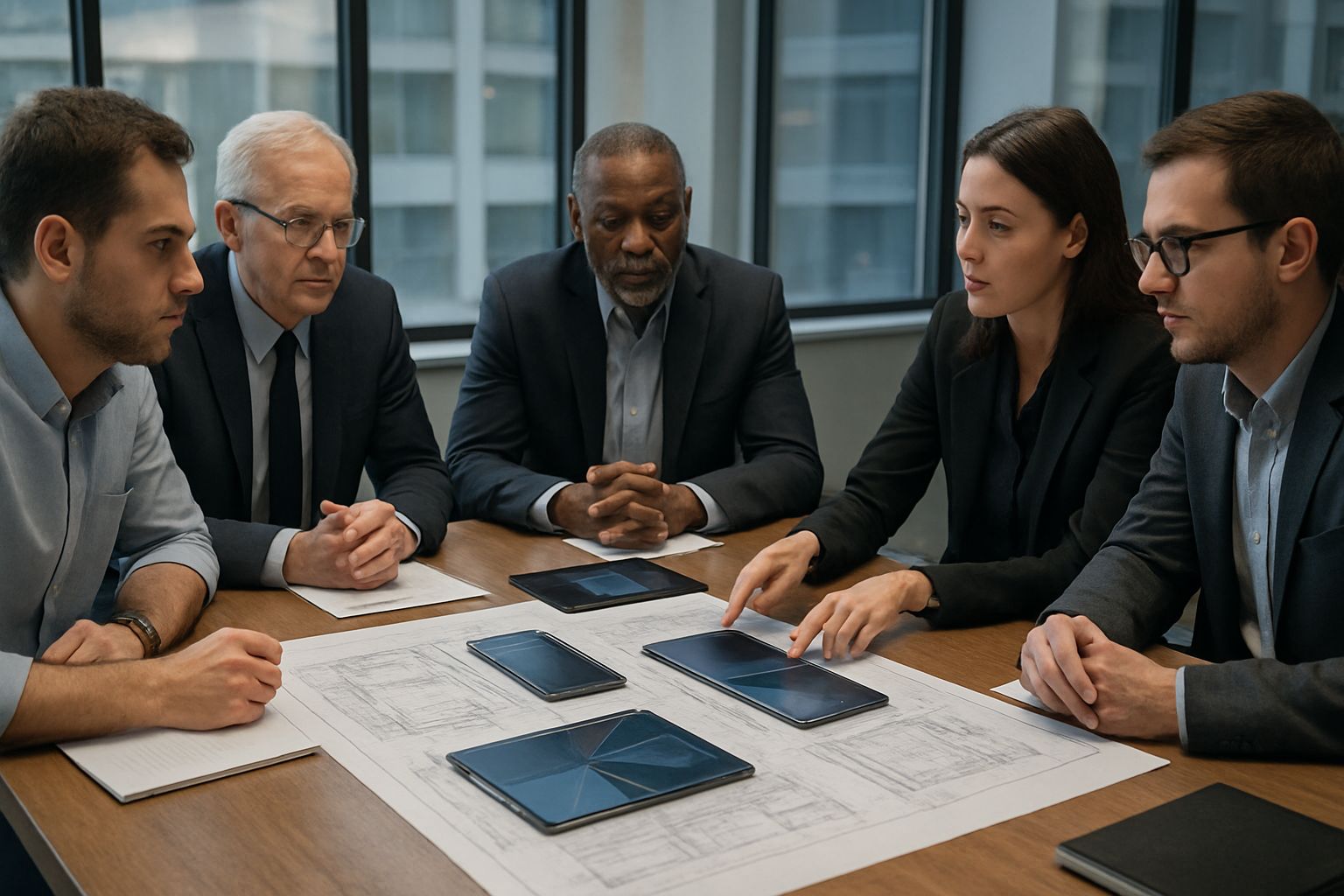 Consumer Hardware executives and engineers discussing foldable iPhone blueprint in meeting