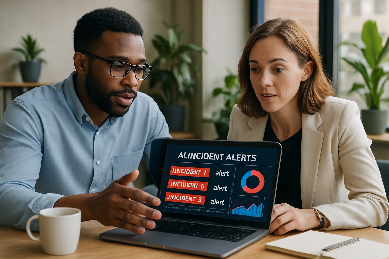 Team collaborates on AI Development by addressing incident alerts in a modern office.