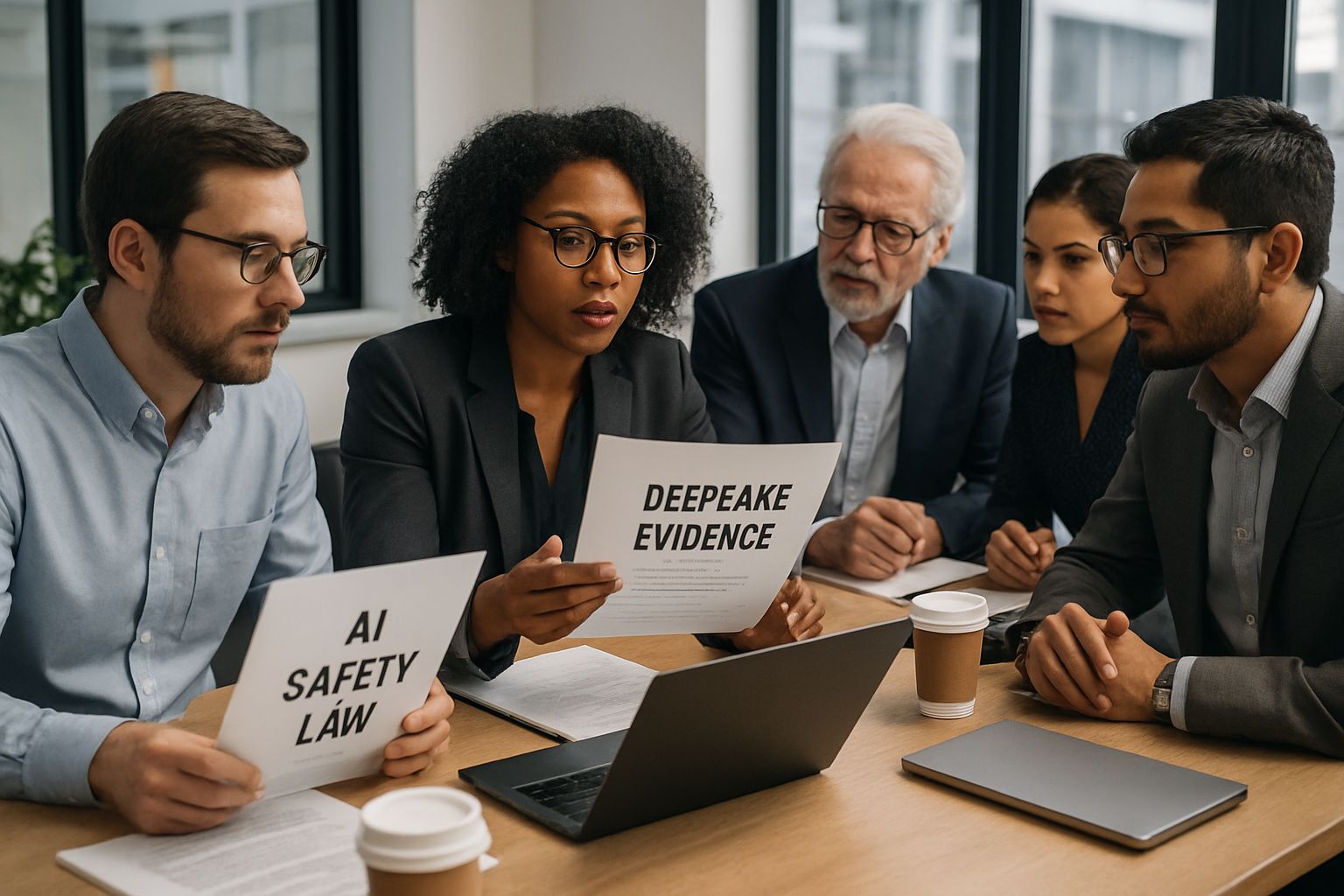 Experts analyzing documents related to AI Safety Law deepfake investigation.