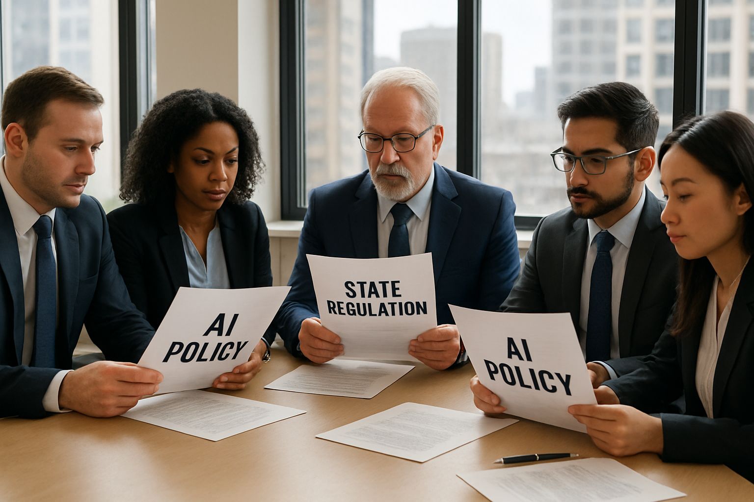 Professionals discuss California AI Order and tech regulation in modern office.