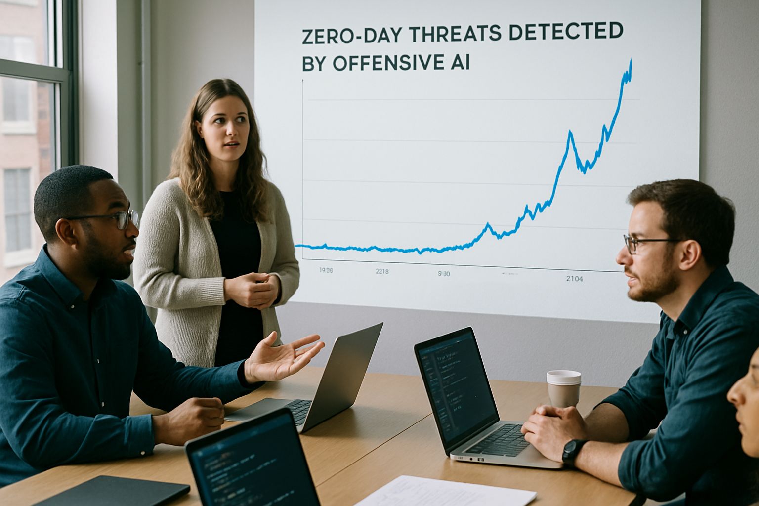 Security team reviews data on Offensive AI-detected zero-day threats in meeting.