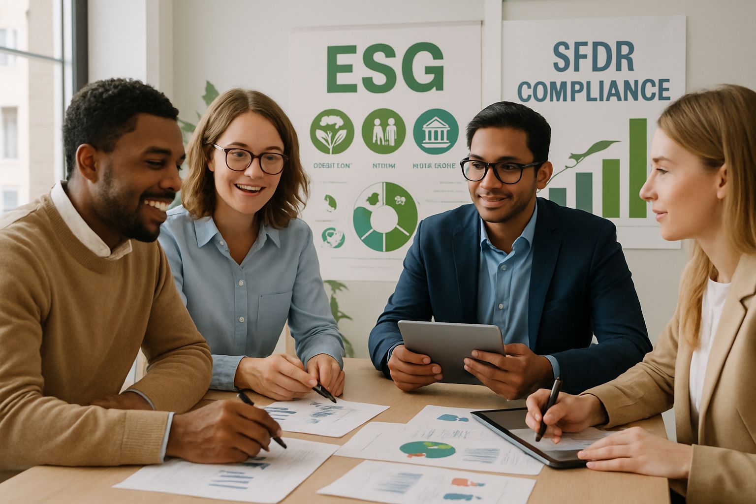 Team collaborating on ESG Data Edge with SFDR compliance infographics in office