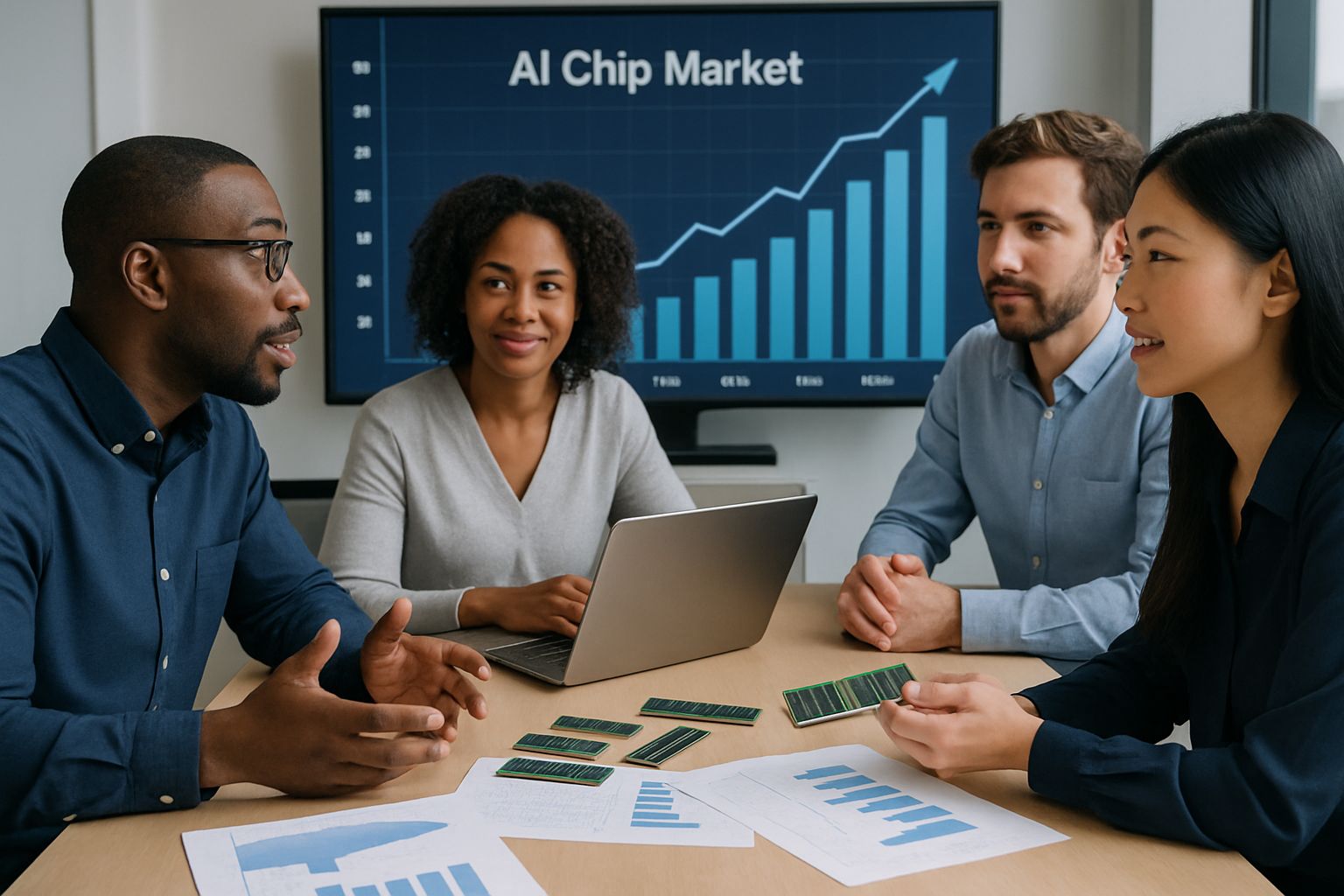 Tech professionals discussing AI Chip Market trends with Samsung memory modules displayed.