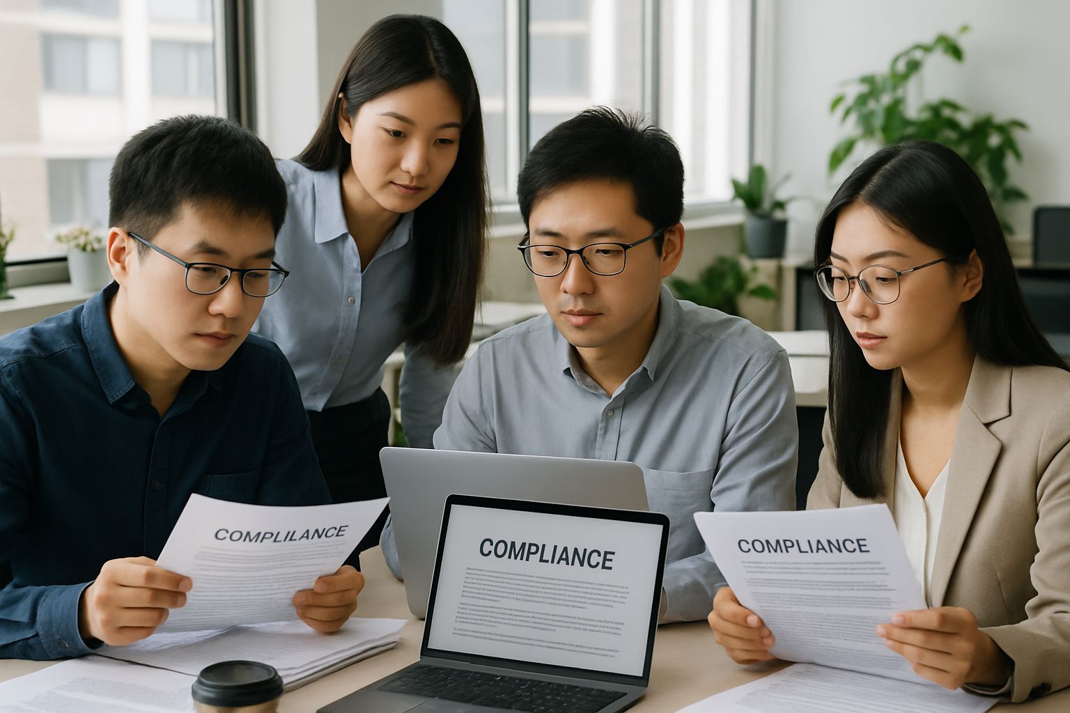 Beijing Content Control staff reviewing compliance documents in a tech office.