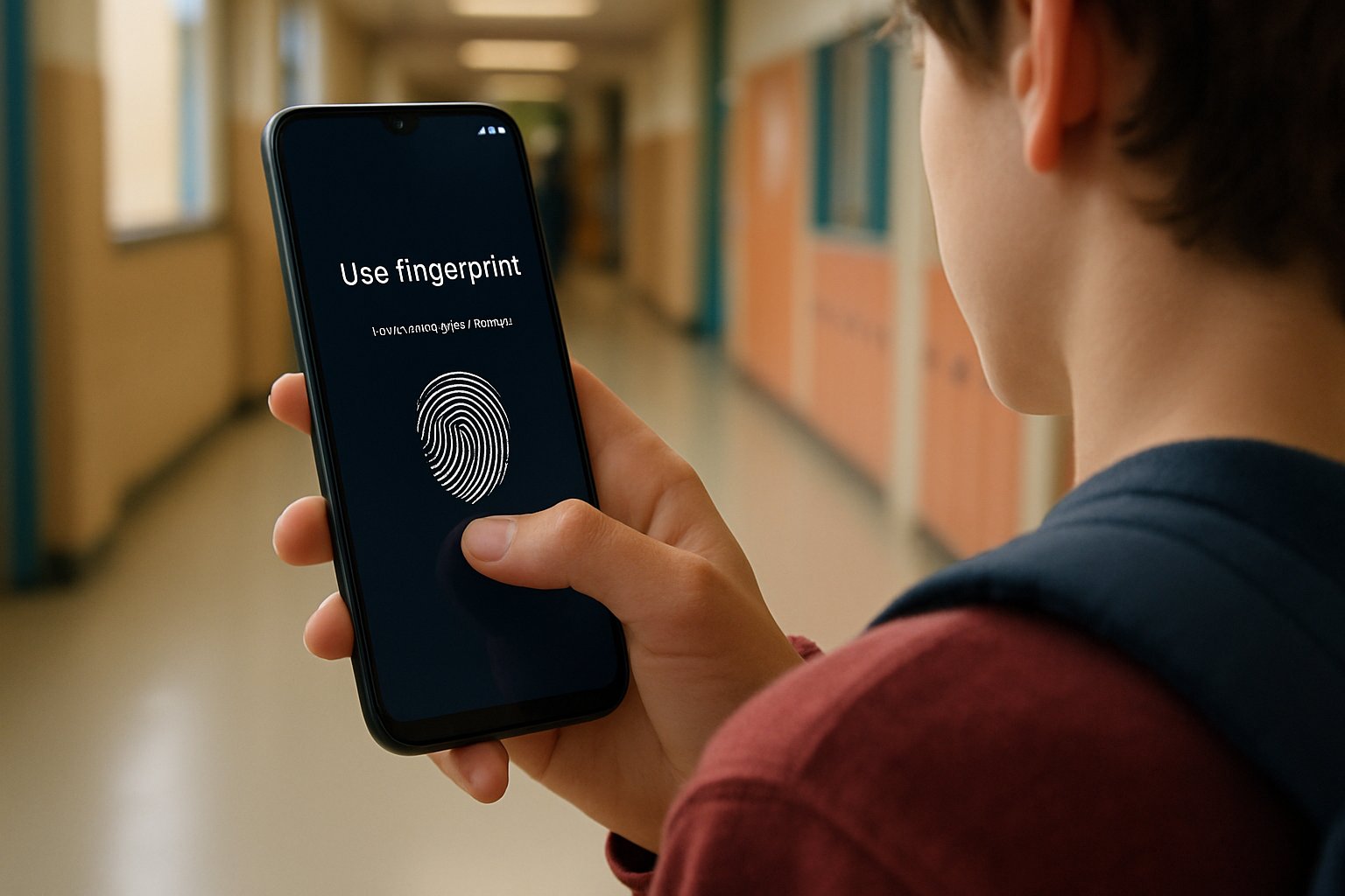 Teen unlocking phone with fingerprint highlights Biometric Data Exploitation risk.
