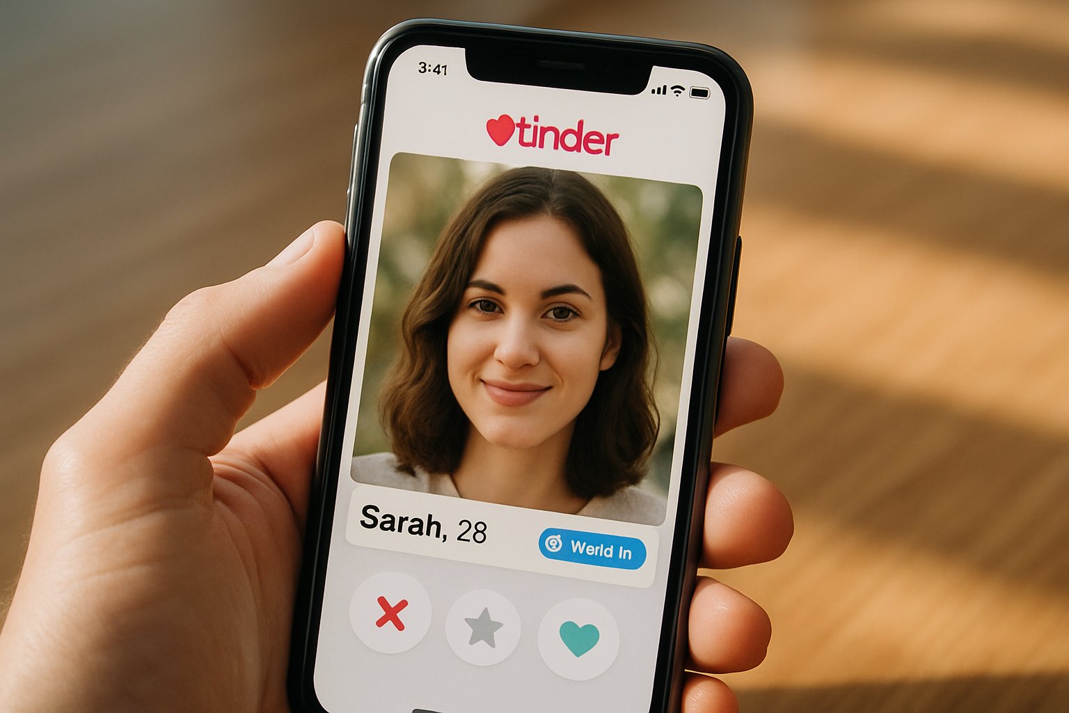 Close-up of Tinder app profile displaying World ID badge feature.