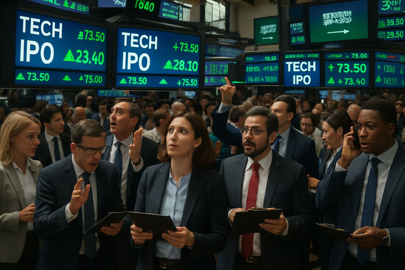 Investors watch Blockbuster Tech IPO activity on stock exchange trading floor.